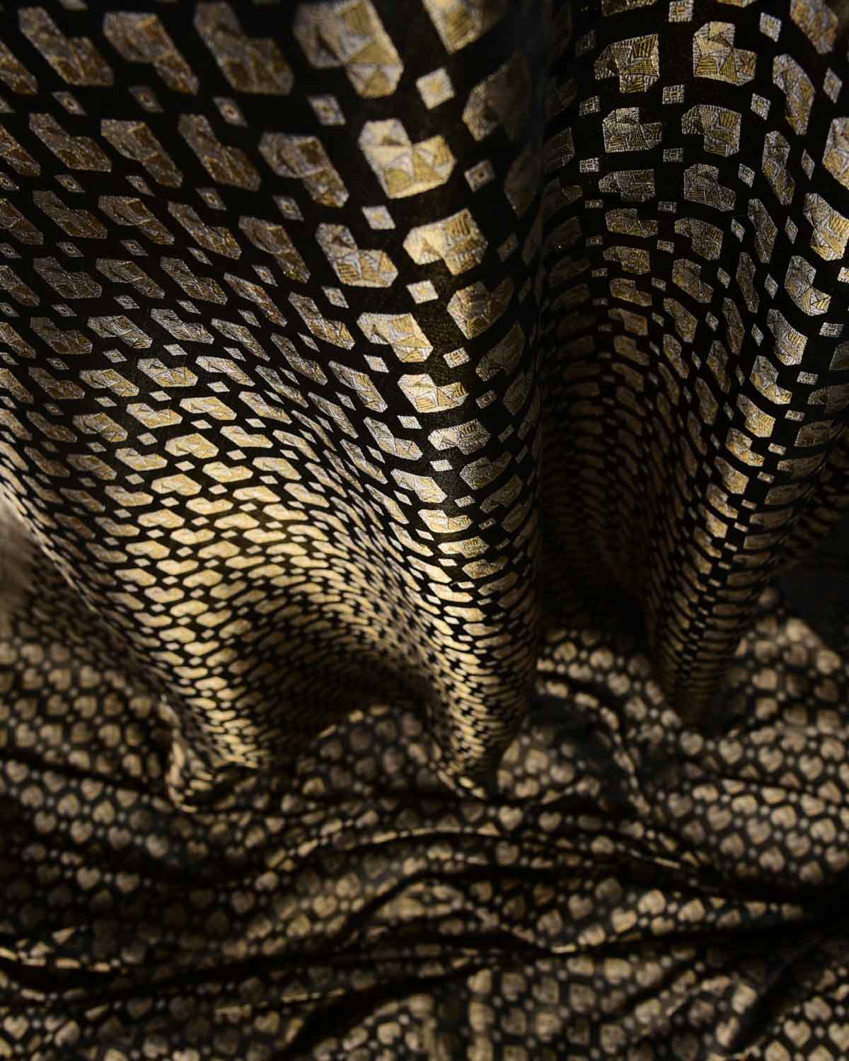 Metallic Black Gold & Silver Zari Diamond Hearts Satin Brocade Handwoven Katan Silk Banarasi Fabric-HolyWeaves