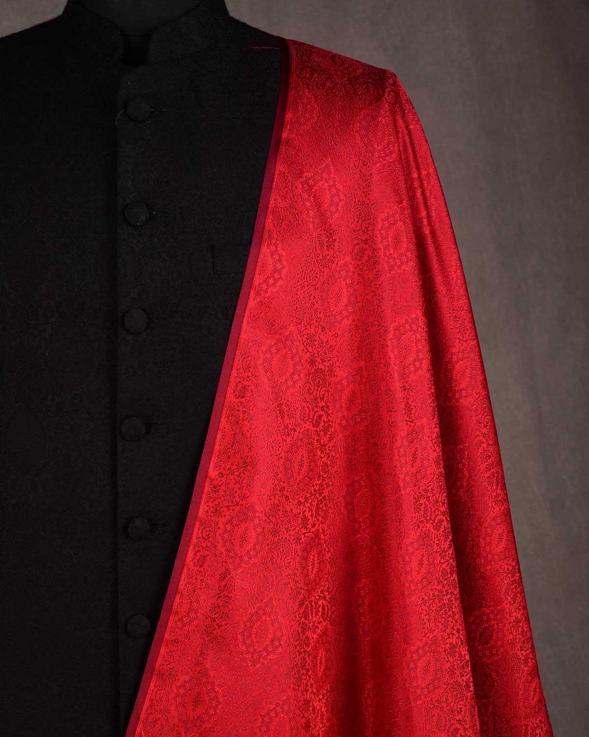 Red Damask Satin Tanchoi Handwoven Katan Silk Banarasi Fabric-HolyWeaves