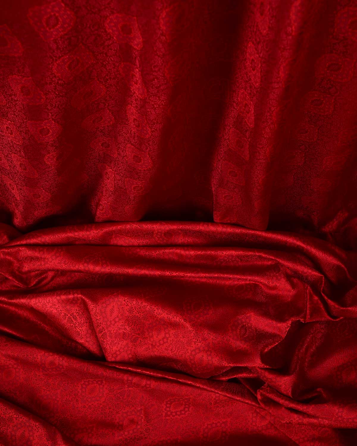 Red Damask Satin Tanchoi Handwoven Katan Silk Banarasi Fabric-HolyWeaves