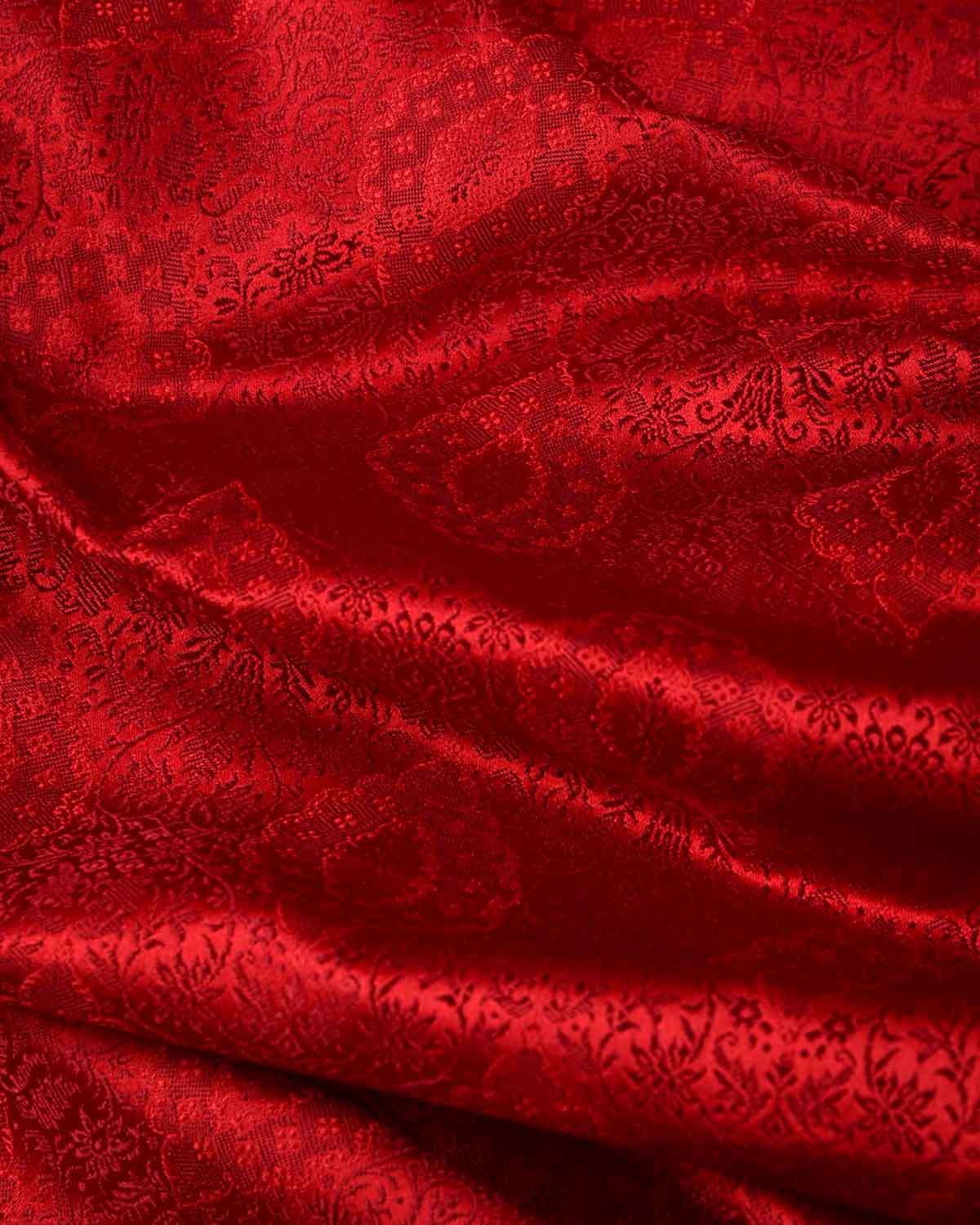 Red Damask Satin Tanchoi Handwoven Katan Silk Banarasi Fabric-HolyWeaves