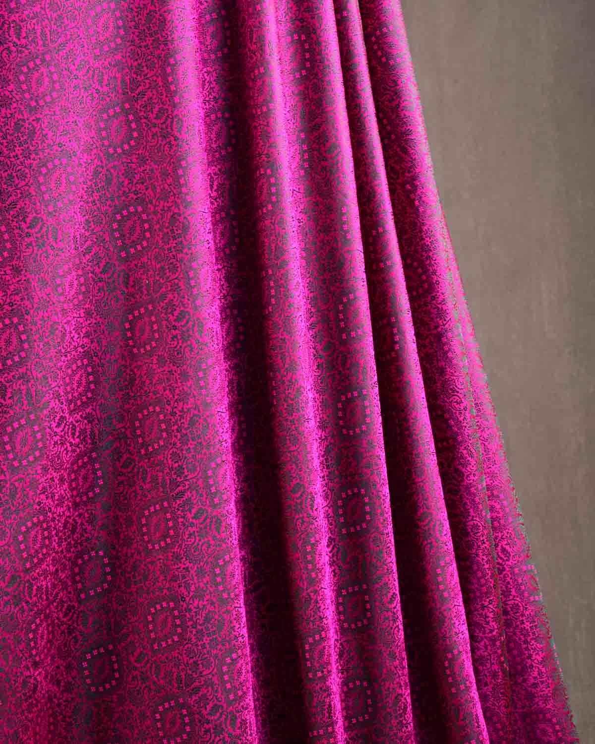 Green On Pink Damask Satin Tanchoi Handwoven Katan Silk Banarasi Fabric-HolyWeaves