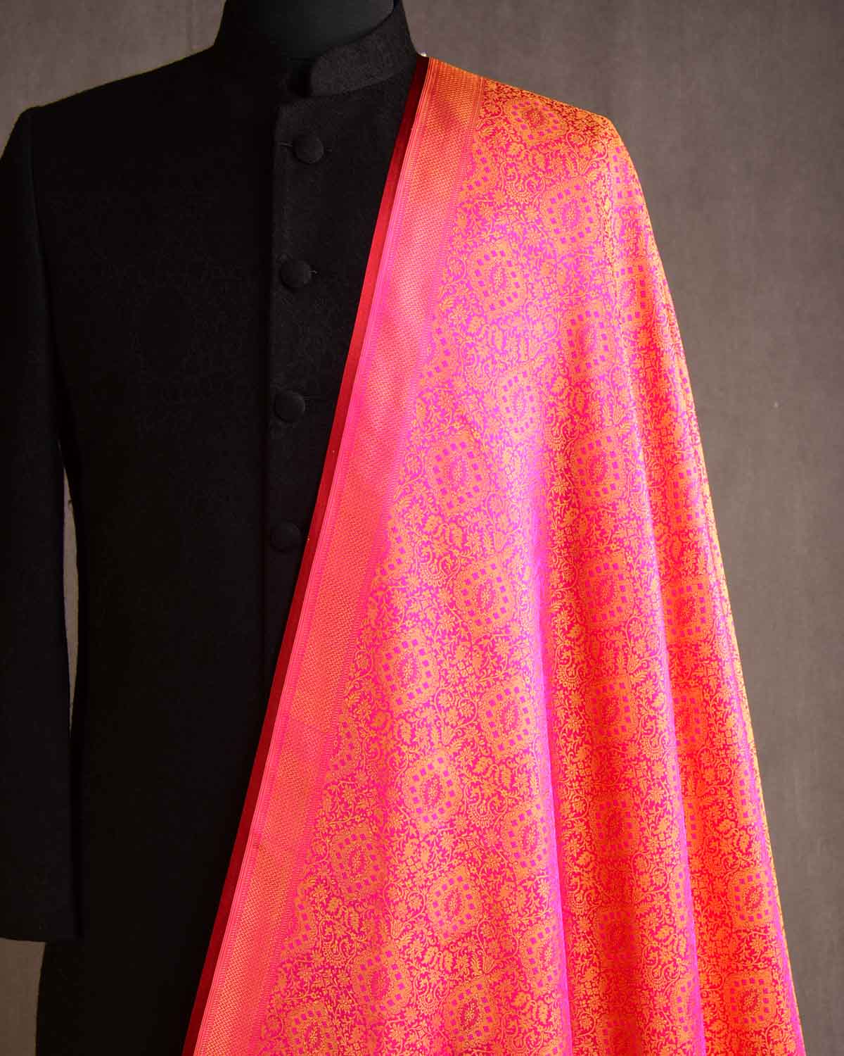 Yellow on Pink Damask Satin Tanchoi Handwoven Katan Silk Banarasi Fabric-HolyWeaves