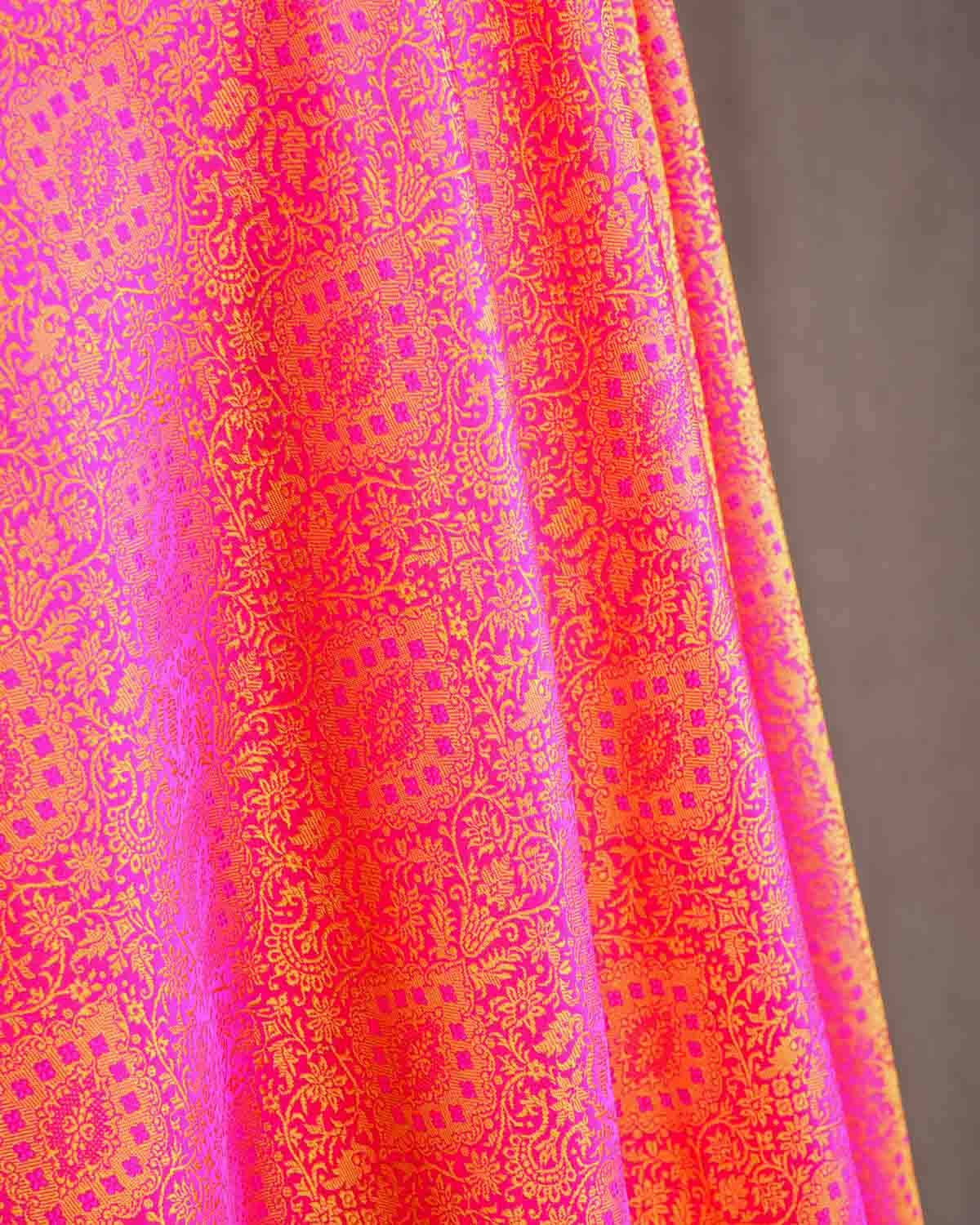 Yellow on Pink Damask Satin Tanchoi Handwoven Katan Silk Banarasi Fabric-HolyWeaves