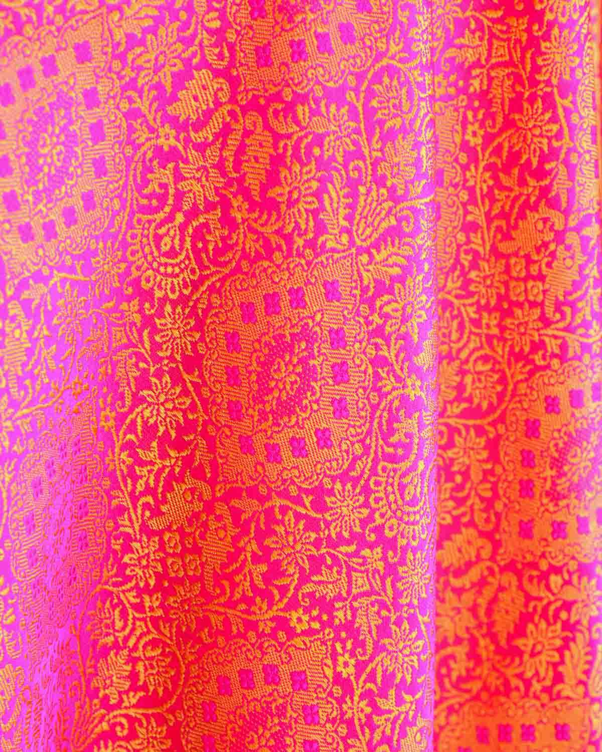 Yellow on Pink Damask Satin Tanchoi Handwoven Katan Silk Banarasi Fabric-HolyWeaves