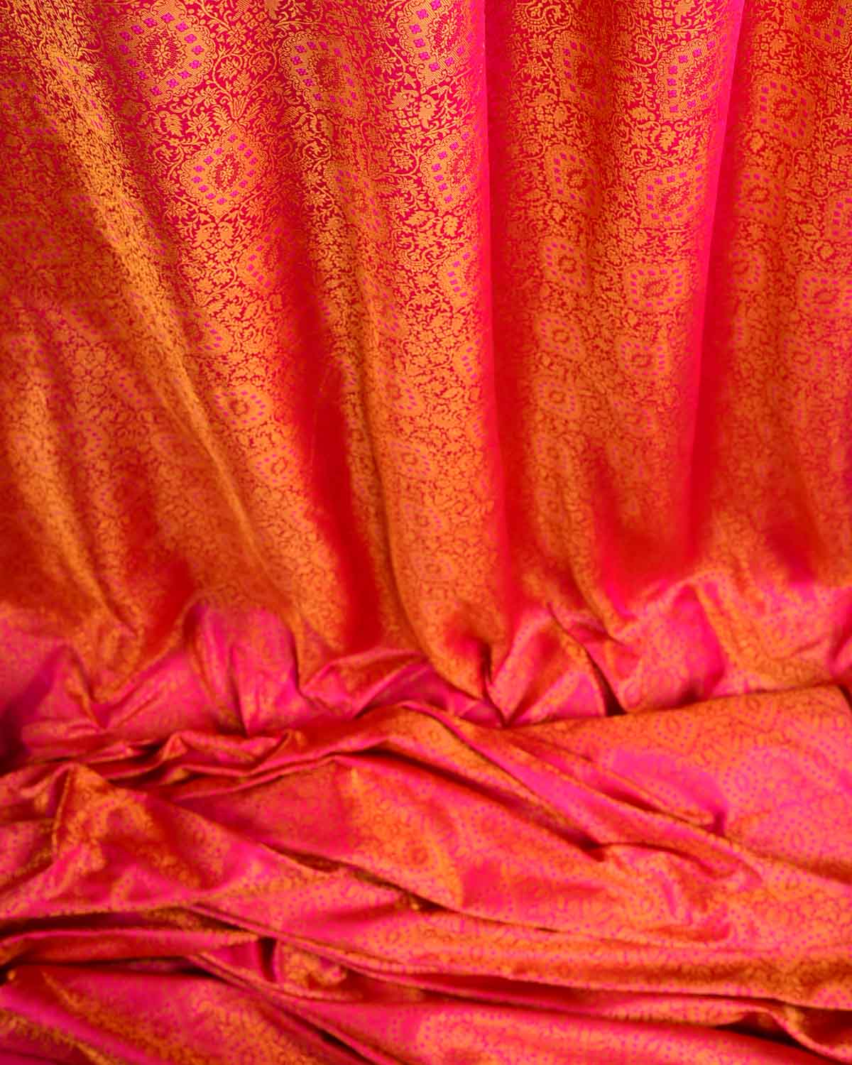 Yellow on Pink Damask Satin Tanchoi Handwoven Katan Silk Banarasi Fabric-HolyWeaves