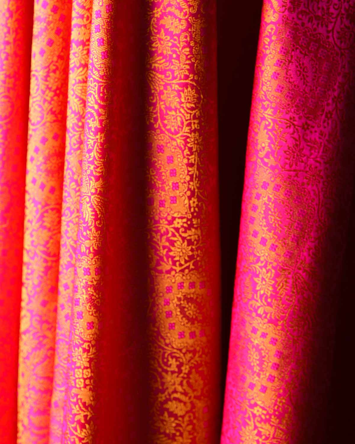 Yellow on Pink Damask Satin Tanchoi Handwoven Katan Silk Banarasi Fabric-HolyWeaves