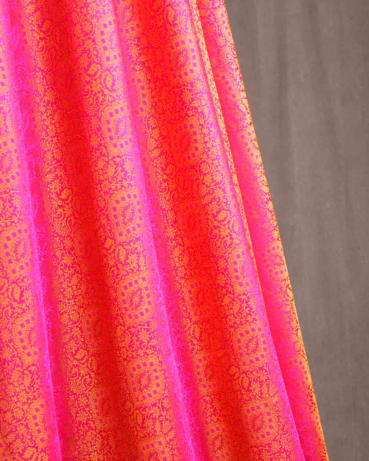 Yellow on Pink Damask Satin Tanchoi Handwoven Katan Silk Banarasi Fabric-HolyWeaves