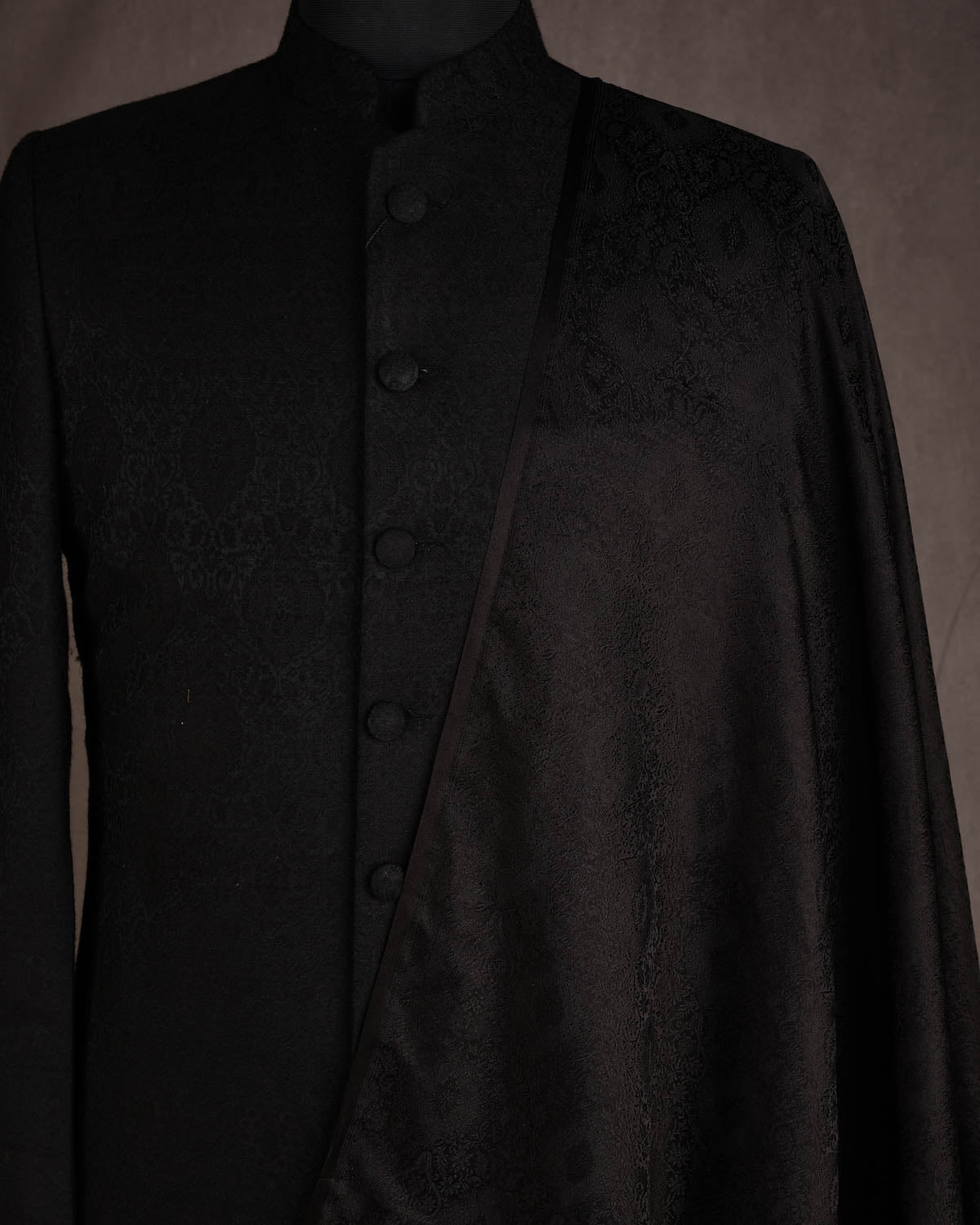 Black Damask Satin Tanchoi Handwoven Katan Silk Banarasi Fabric-HolyWeaves