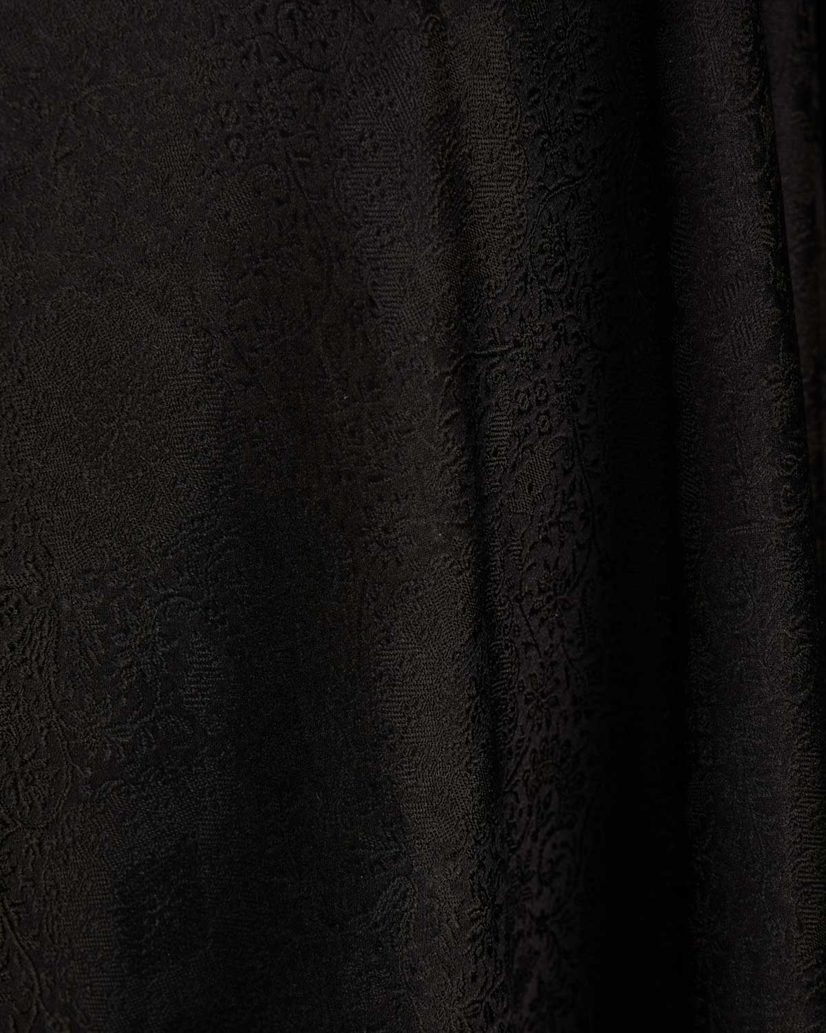 Black Damask Satin Tanchoi Handwoven Katan Silk Banarasi Fabric-HolyWeaves