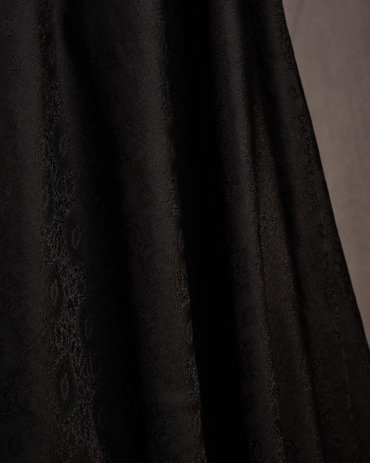 Black Damask Satin Tanchoi Handwoven Katan Silk Banarasi Fabric-HolyWeaves