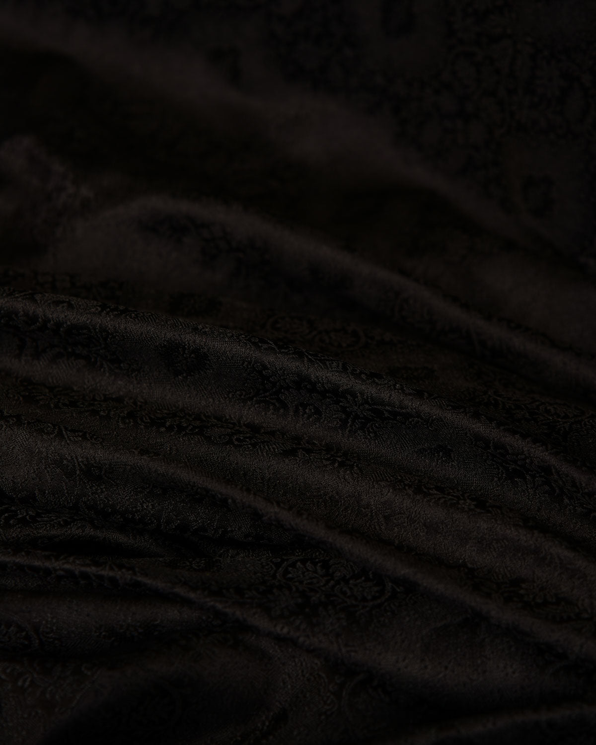 Black Damask Satin Tanchoi Handwoven Katan Silk Banarasi Fabric-HolyWeaves