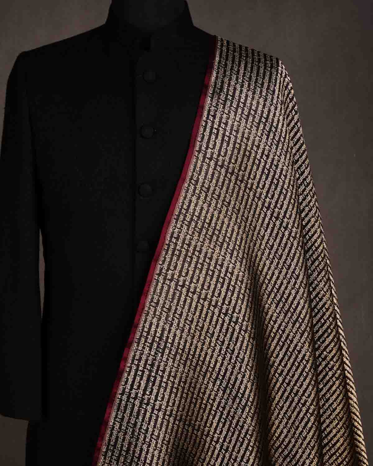 Black Geeta Shlok 2.47 Brocade Handwoven Katan Silk Banarasi Fabric-HolyWeaves