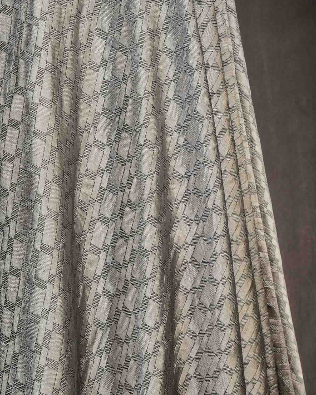 Black Silver Zari Grids Brocade Handwoven Khaddi Georgette Banarasi Fabric