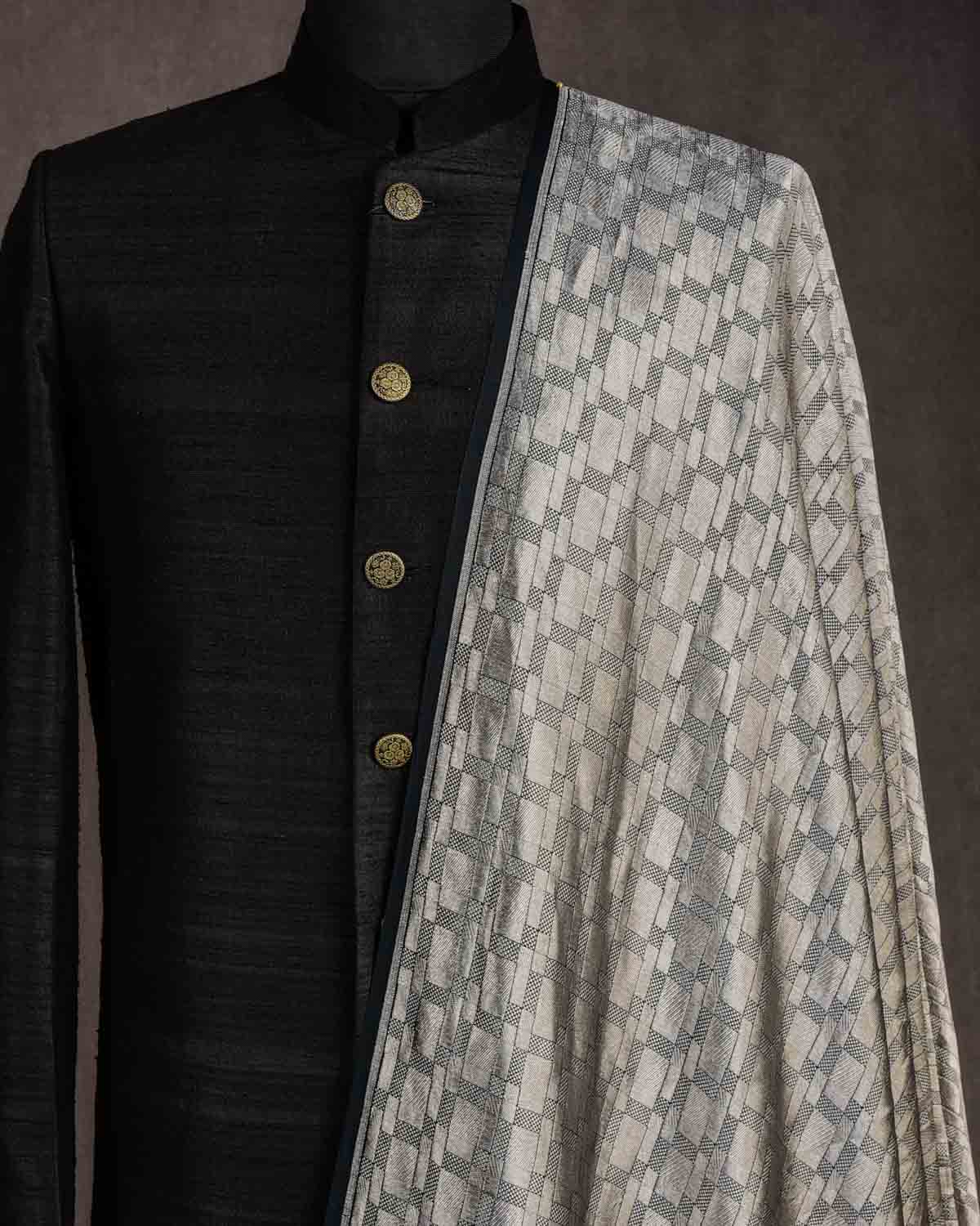 Black Silver Zari Grids Brocade Handwoven Khaddi Georgette Banarasi Fabric