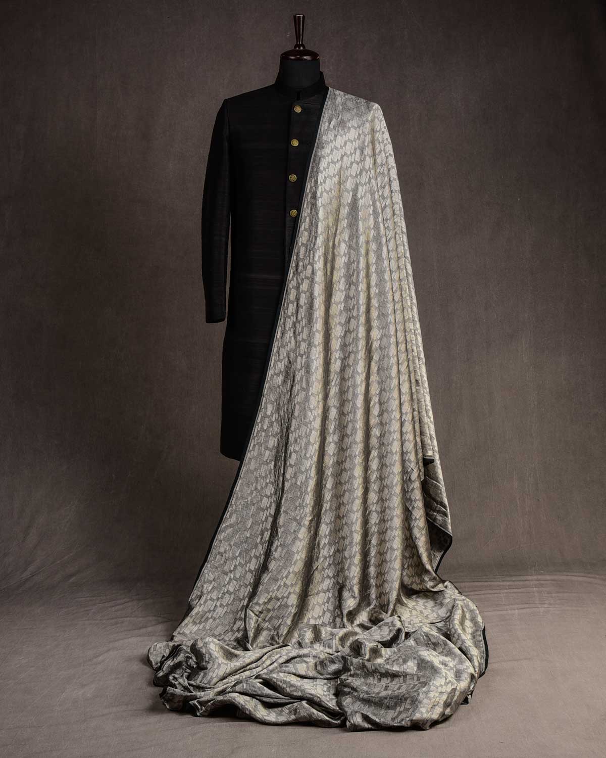 Black Silver Zari Grids Brocade Handwoven Khaddi Georgette Banarasi Fabric