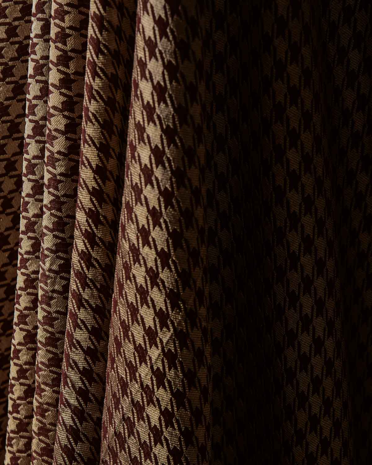 Mahogany Silver Zari Houndstooth Brocade Handwoven Khaddi Georgette Banarasi Fabric