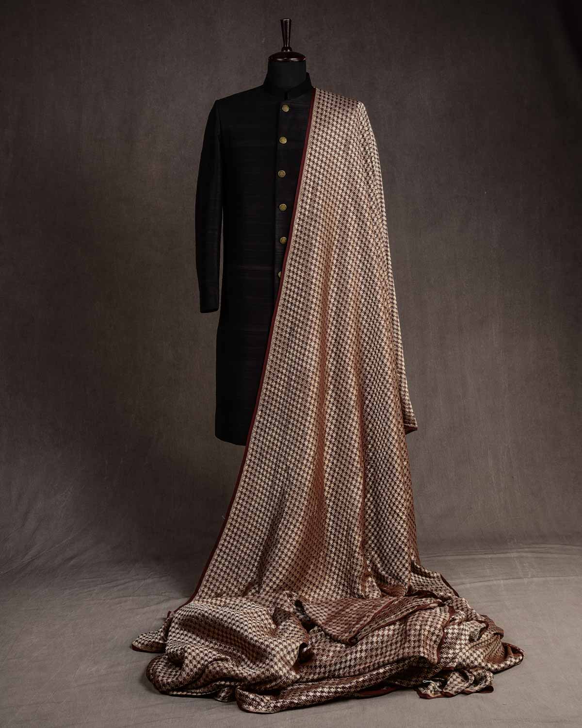 Mahogany Silver Zari Houndstooth Brocade Handwoven Khaddi Georgette Banarasi Fabric