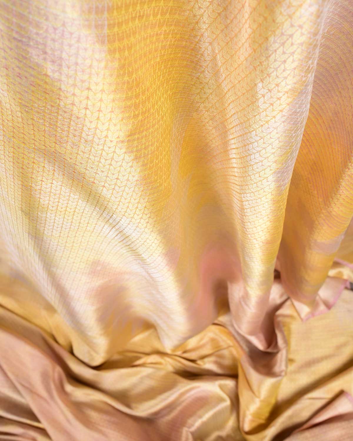Metallic Ombre Cream Herringbone Brocade Handwoven Katan Tissue Banarasi Fabric-HolyWeaves