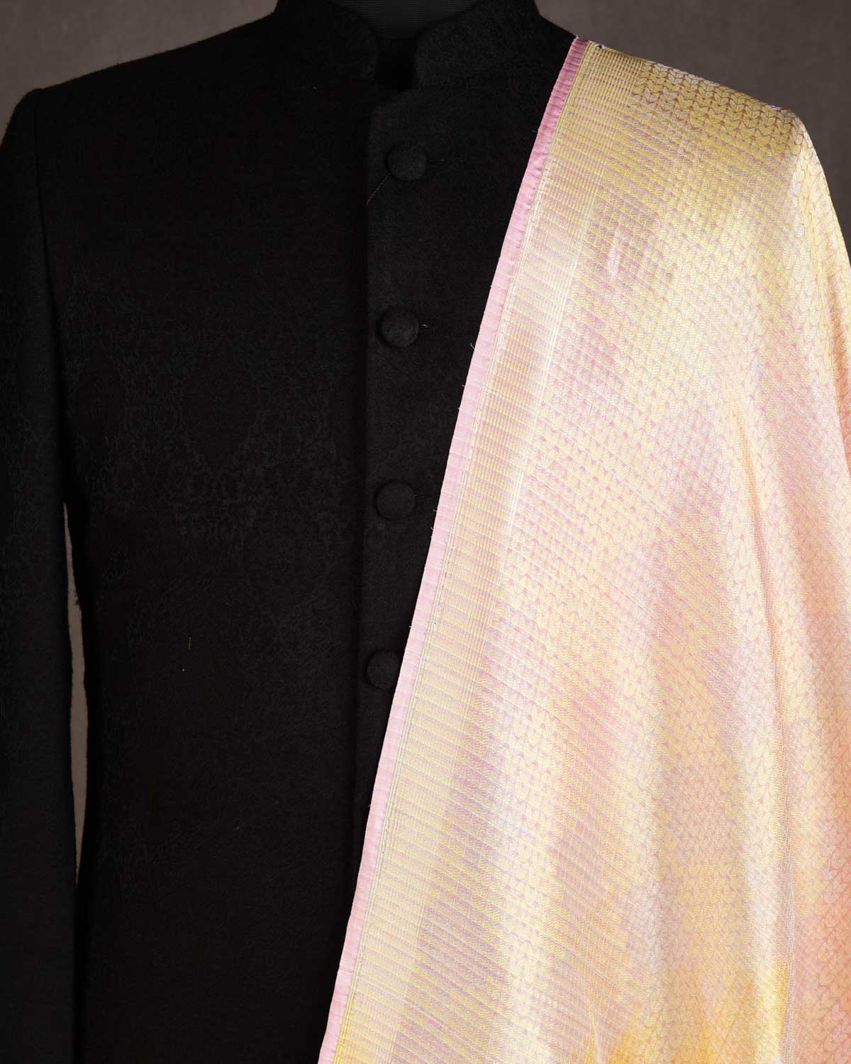 Metallic Ombre Cream Herringbone Brocade Handwoven Katan Tissue Banarasi Fabric-HolyWeaves