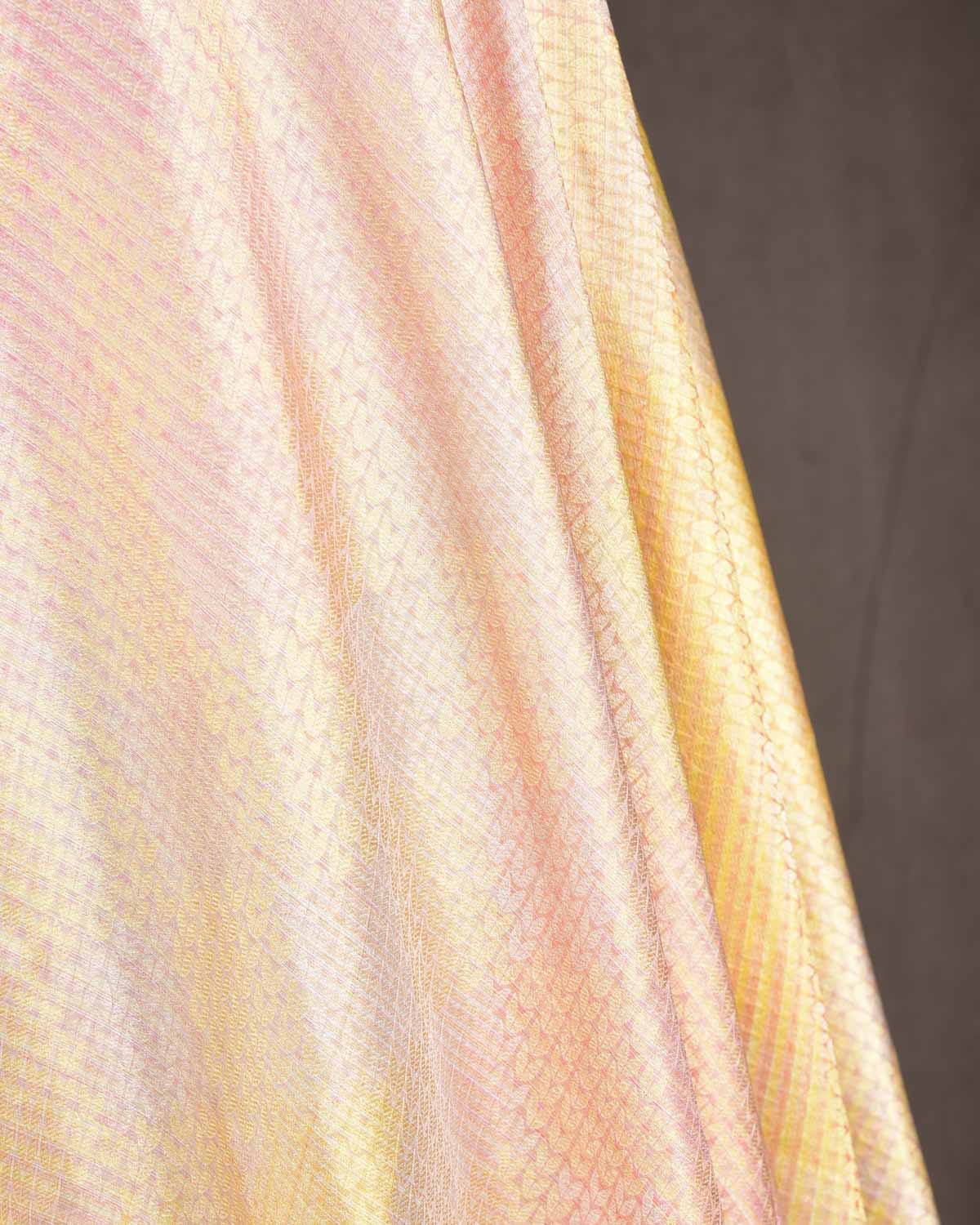 Metallic Ombre Cream Herringbone Brocade Handwoven Katan Tissue Banarasi Fabric-HolyWeaves