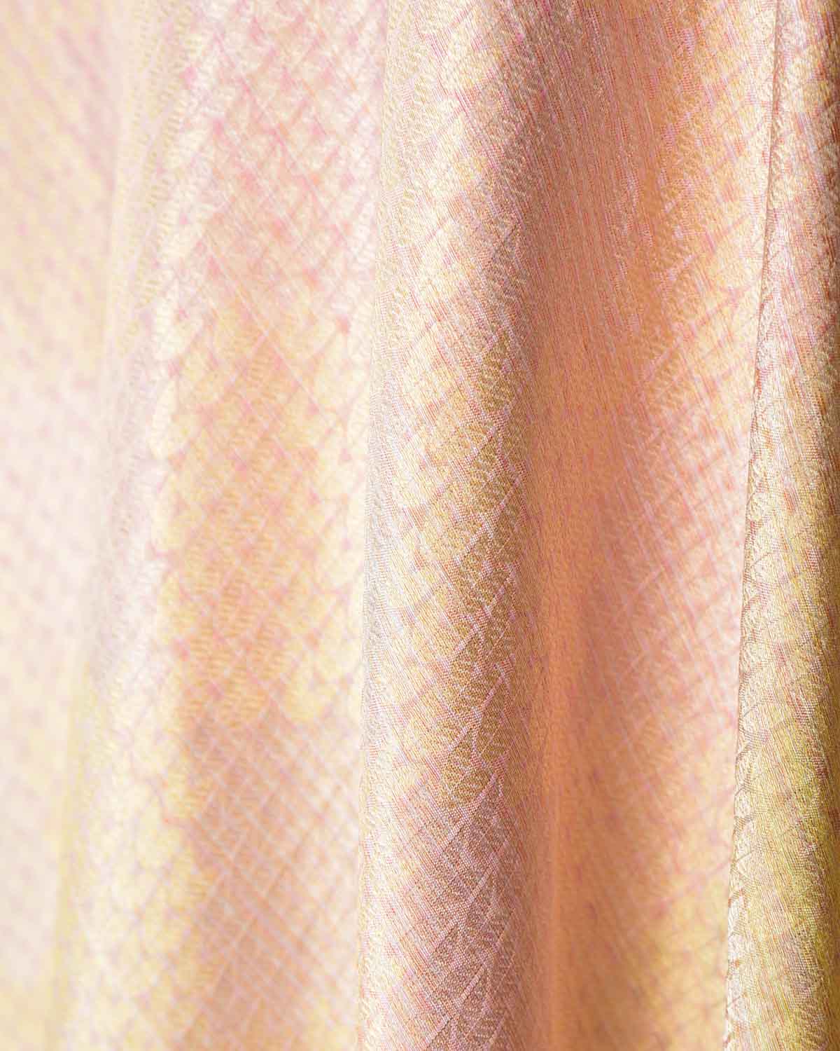 Metallic Ombre Cream Herringbone Brocade Handwoven Katan Tissue Banarasi Fabric-HolyWeaves