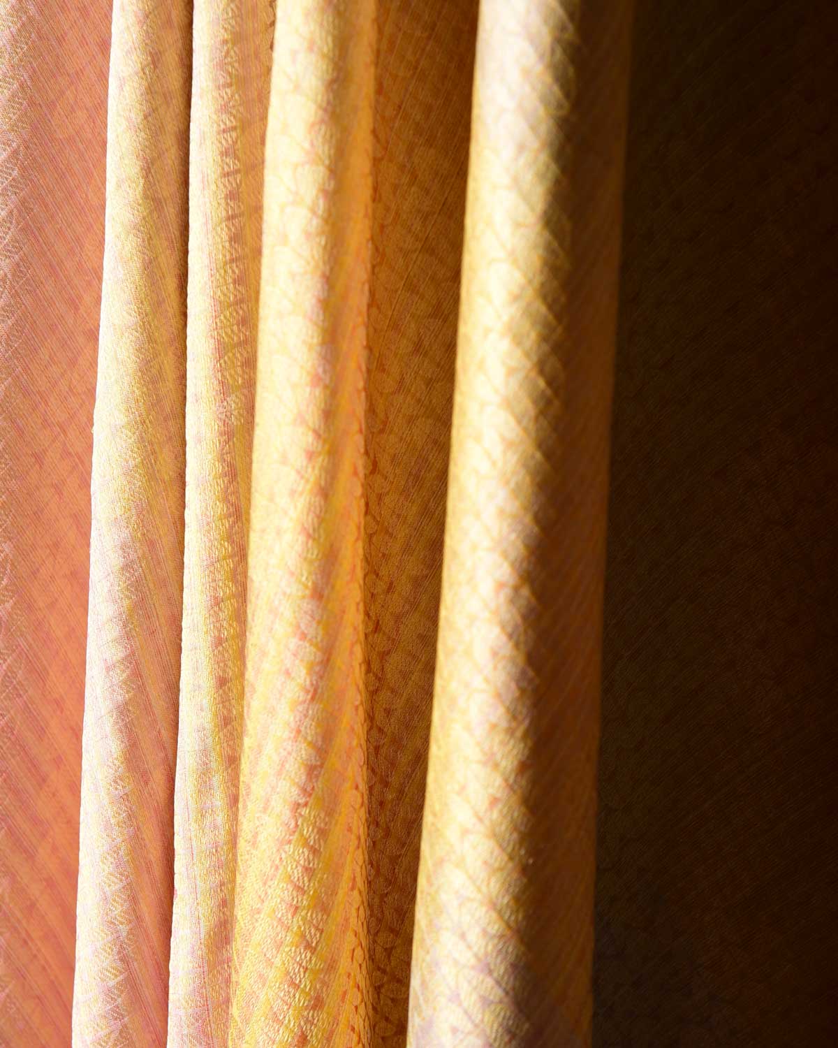 Metallic Ombre Cream Herringbone Brocade Handwoven Katan Tissue Banarasi Fabric-HolyWeaves