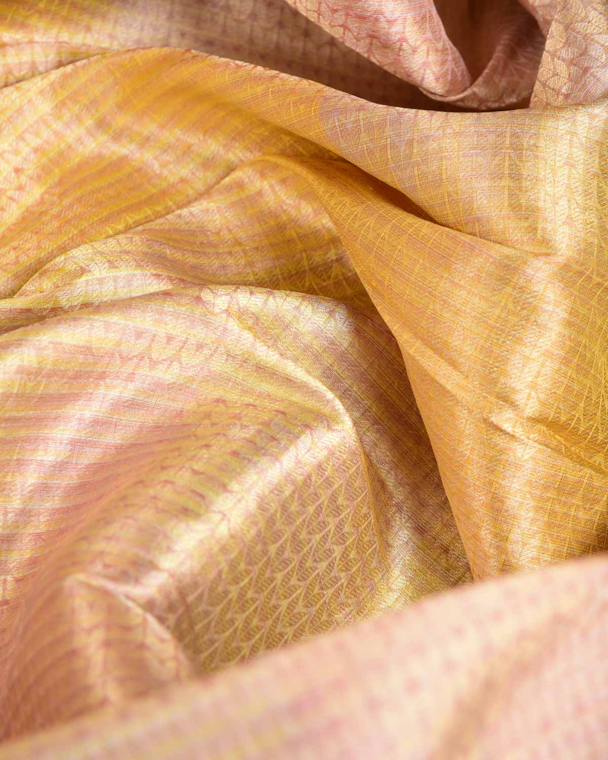Metallic Ombre Cream Herringbone Brocade Handwoven Katan Tissue Banarasi Fabric-HolyWeaves
