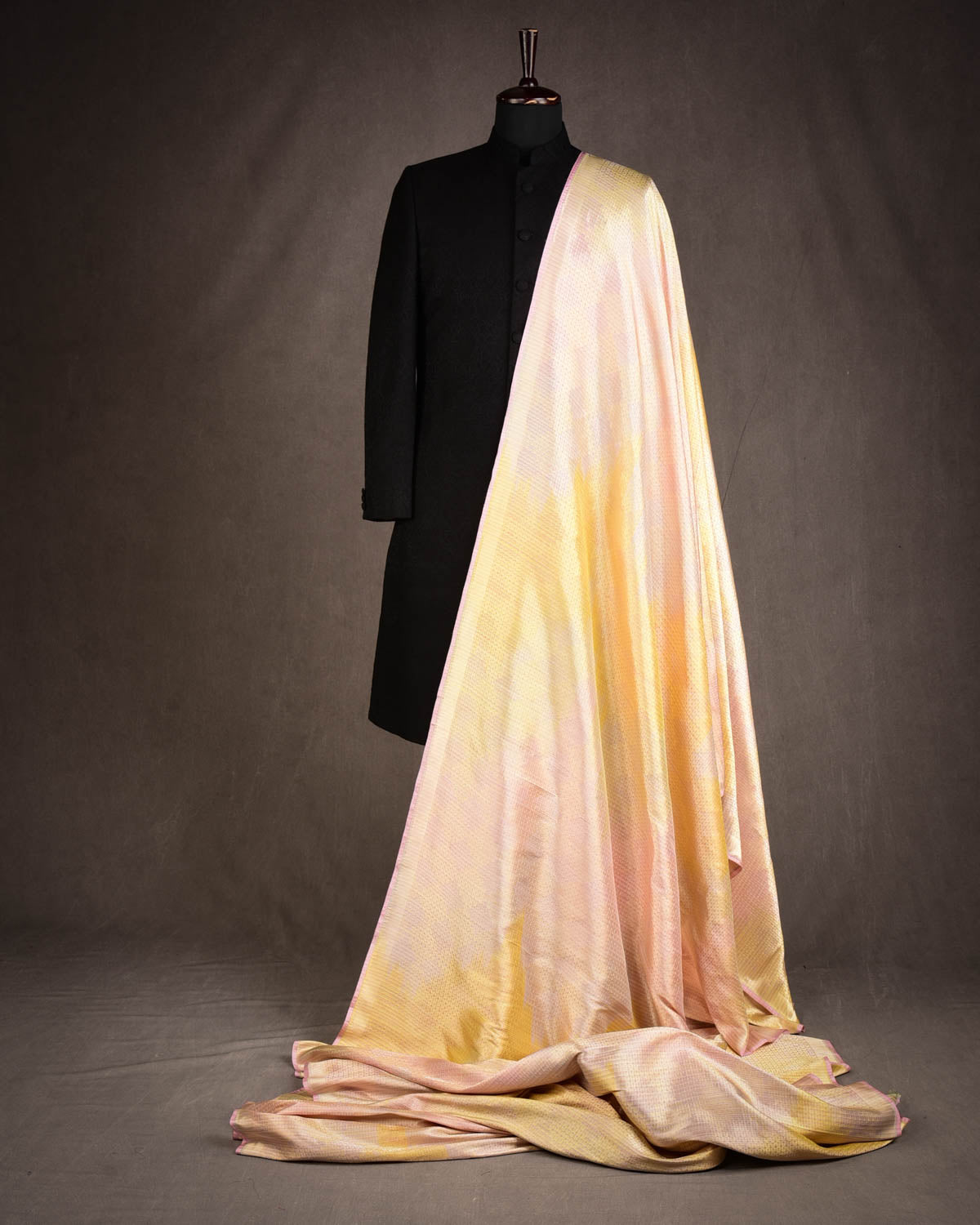 Metallic Ombre Cream Herringbone Brocade Handwoven Katan Tissue Banarasi Fabric-HolyWeaves