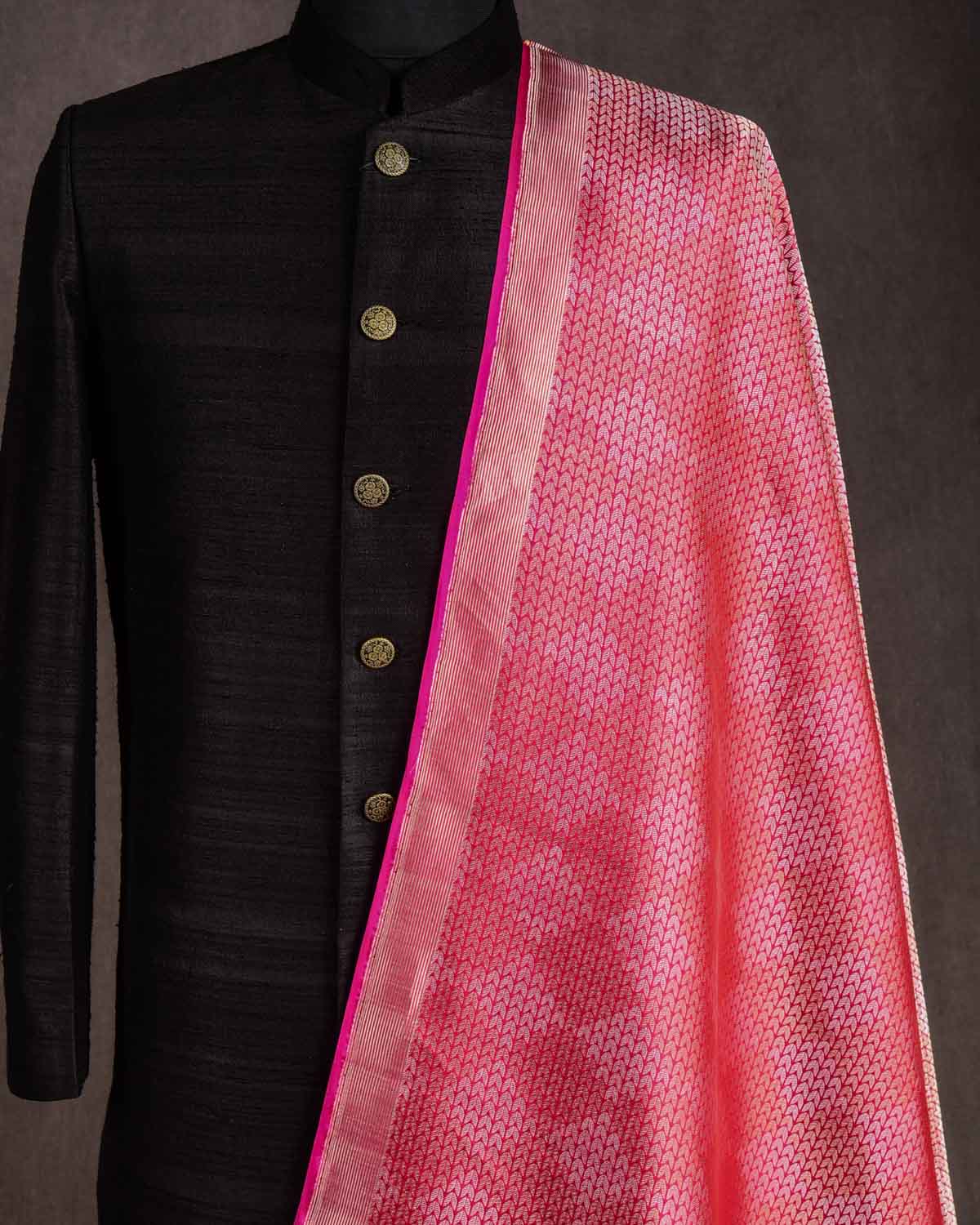 Shot Red-Pink Herringbone Diamond Blocks Brocade Handwoven Katan Silk Banarasi Fabric-HolyWeaves
