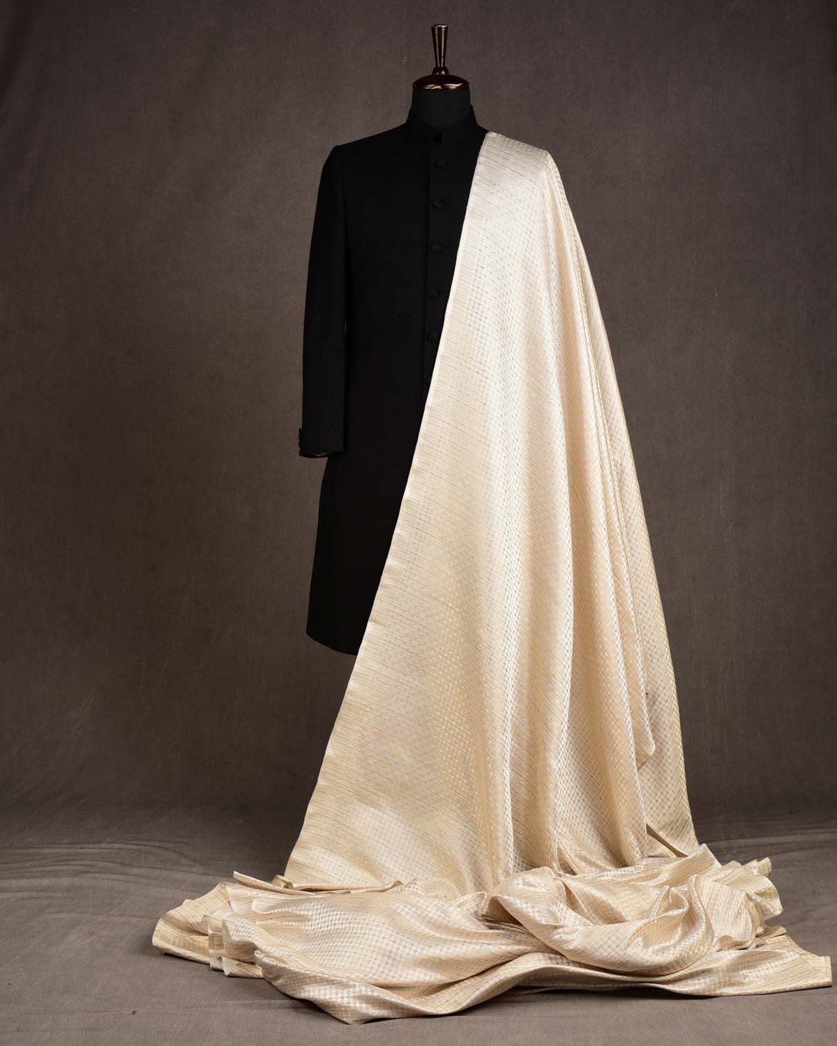 Cream Gold & Variegated Silver Zari Satin Tanchoi Brocade Handwoven Katan Silk Banarasi Fabric-HolyWeaves