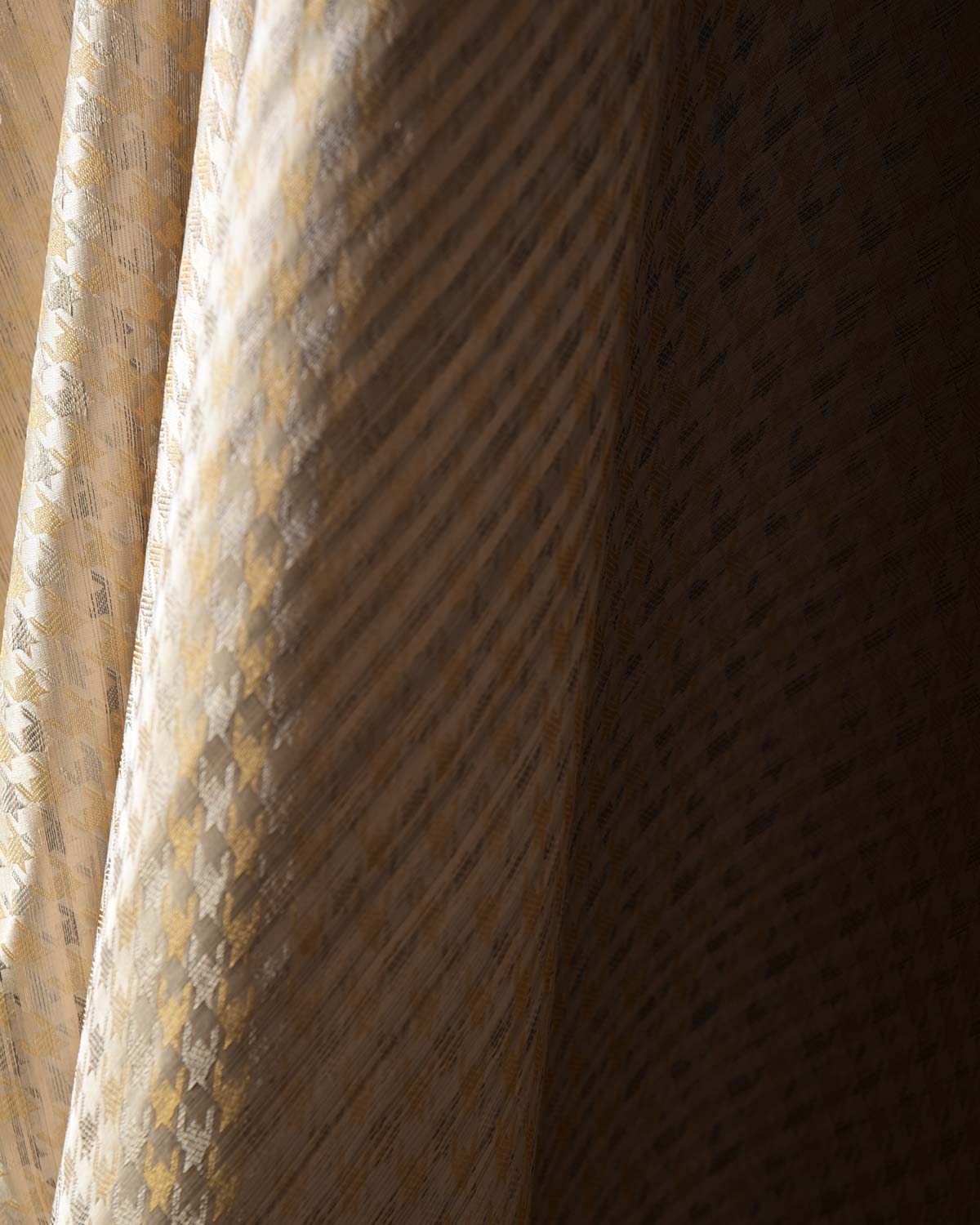 Cream Gold & Variegated Silver Zari Satin Tanchoi Brocade Handwoven Katan Silk Banarasi Fabric-HolyWeaves