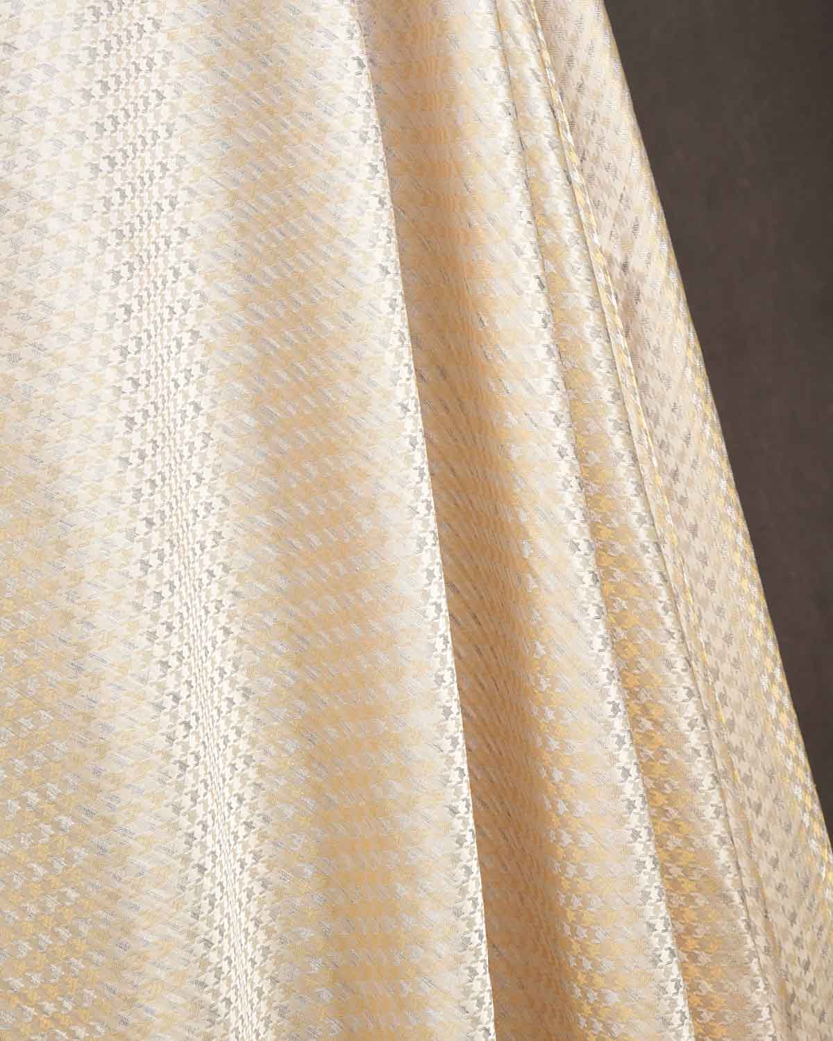 Cream Gold & Variegated Silver Zari Satin Tanchoi Brocade Handwoven Katan Silk Banarasi Fabric-HolyWeaves