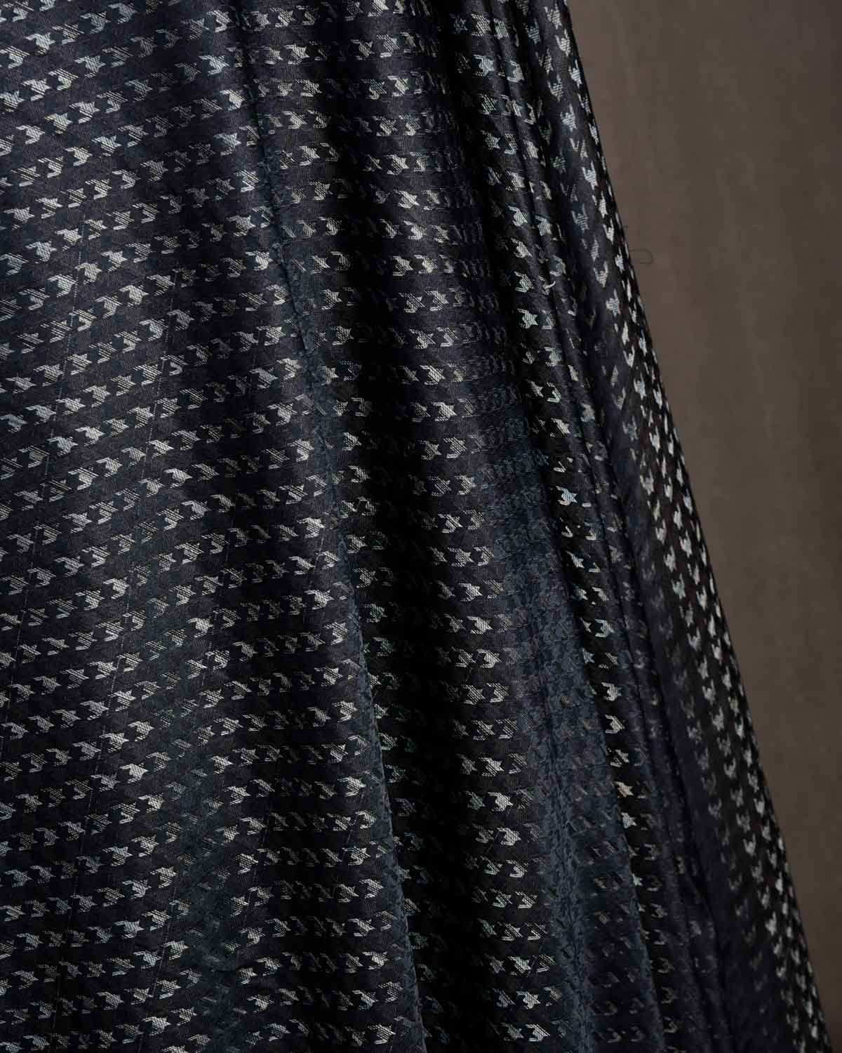 Variegated Black Houndstooth Satin Tanchoi Handwoven Katan Silk Banarasi Fabric-HolyWeaves
