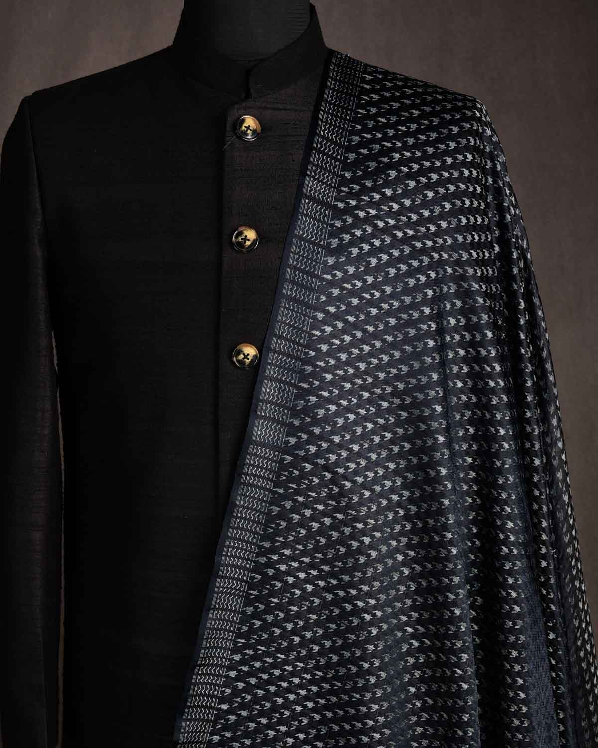 Variegated Black Houndstooth Satin Tanchoi Handwoven Katan Silk Banarasi Fabric-HolyWeaves