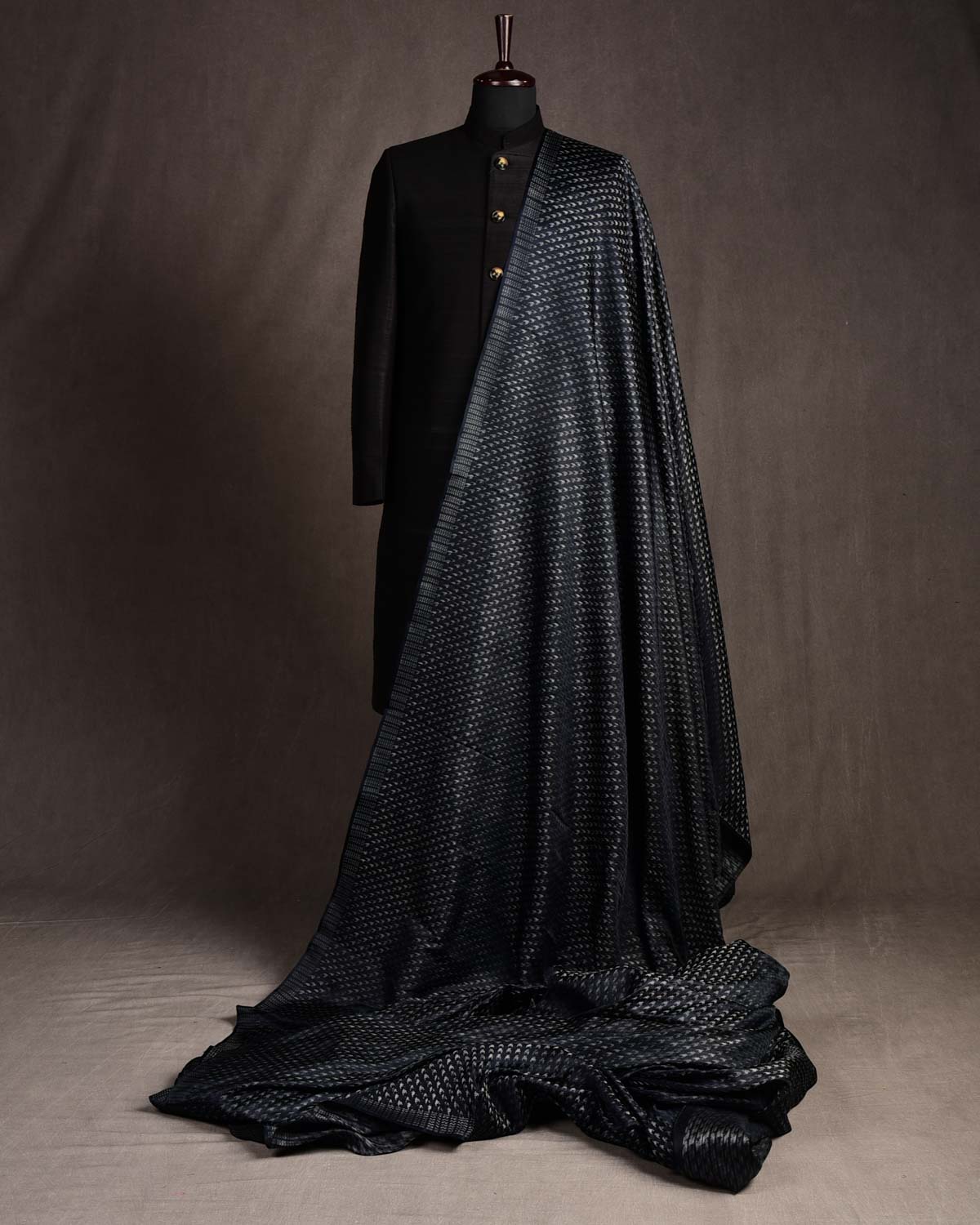 Variegated Black Houndstooth Satin Tanchoi Handwoven Katan Silk Banarasi Fabric-HolyWeaves