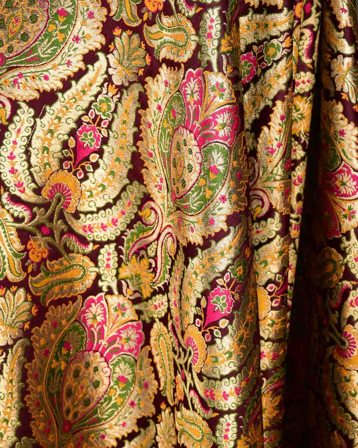 Mahogany Multi-Color Classic Traditional Satin Kimkhwab Brocade Handwoven Viscose Silk Banarasi Fabric-HolyWeaves