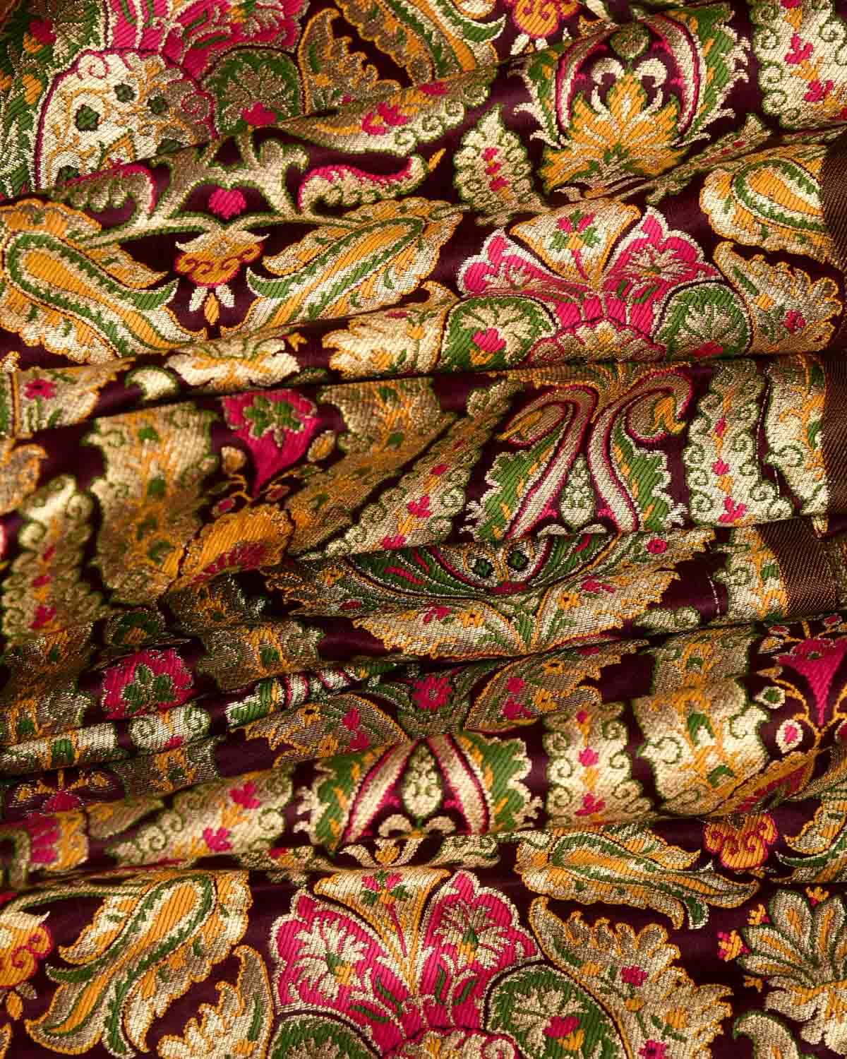 Mahogany Multi-Color Classic Traditional Satin Kimkhwab Brocade Handwoven Viscose Silk Banarasi Fabric-HolyWeaves
