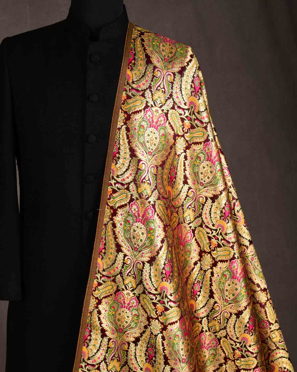 Mahogany Multi-Color Classic Traditional Satin Kimkhwab Brocade Handwoven Viscose Silk Banarasi Fabric-HolyWeaves