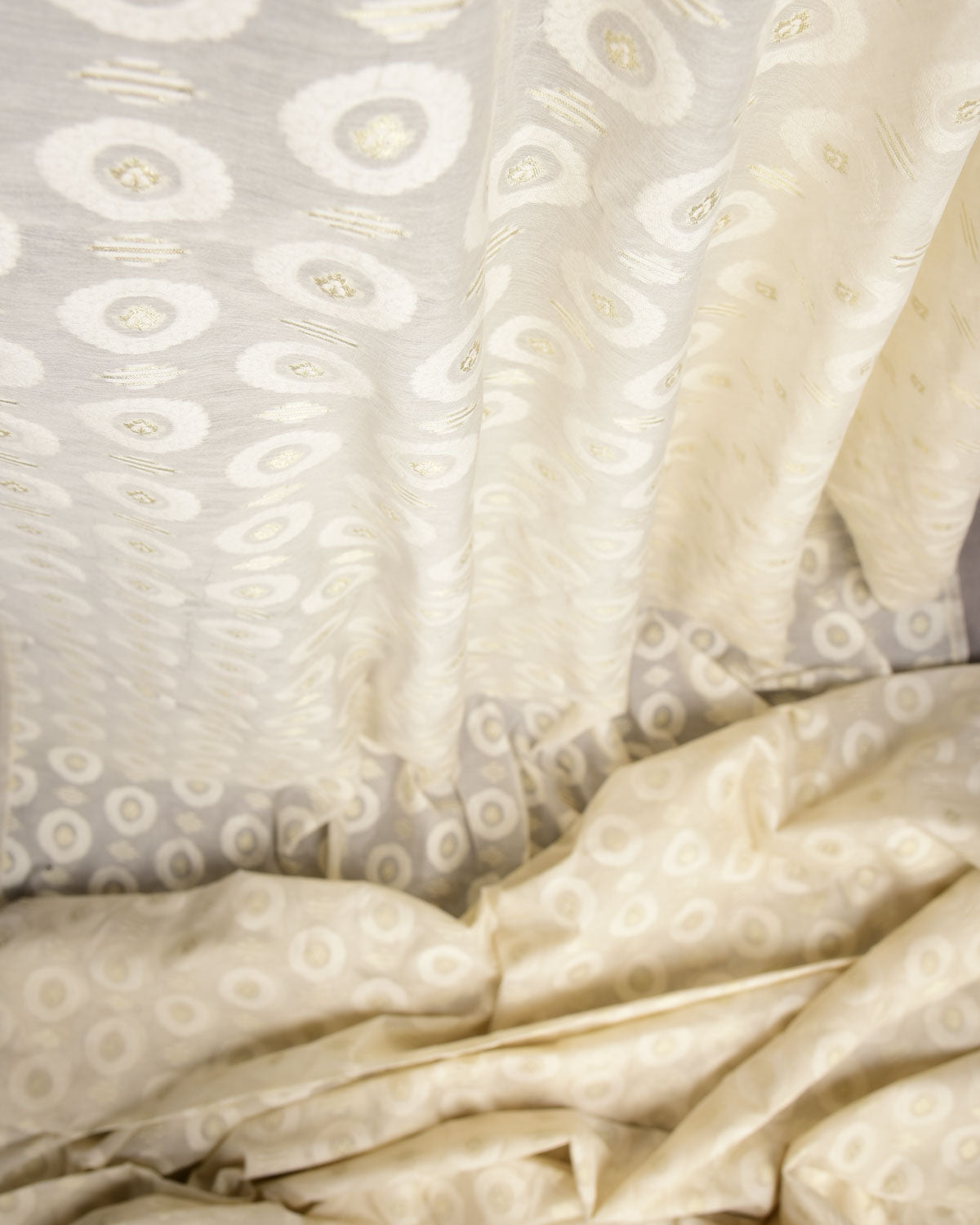 Ivory White Silver Zari Contemporary Cutwork Brocade Woven Cotton Silk Banarasi Fabric-HolyWeaves