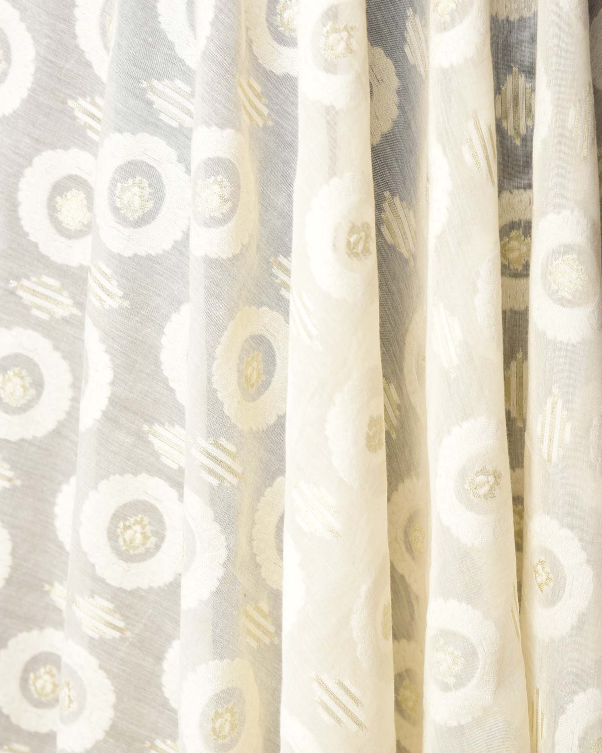 Ivory White Silver Zari Contemporary Cutwork Brocade Woven Cotton Silk Banarasi Fabric-HolyWeaves