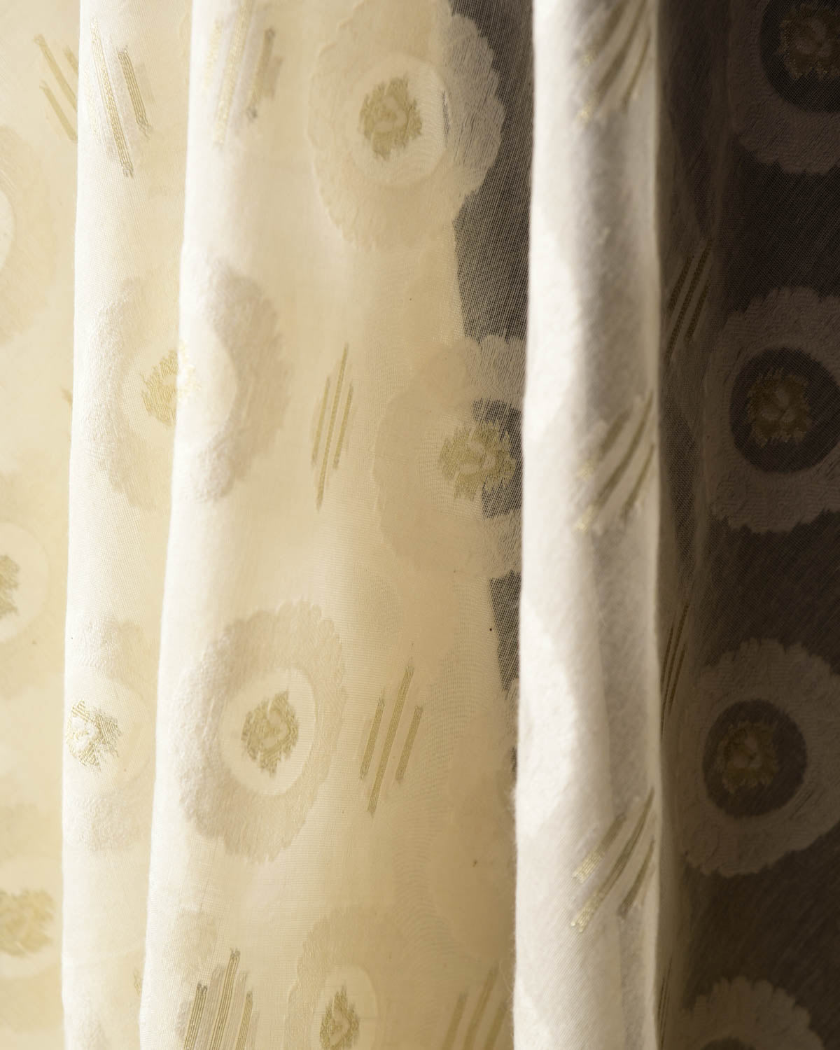 Ivory White Silver Zari Contemporary Cutwork Brocade Woven Cotton Silk Banarasi Fabric-HolyWeaves