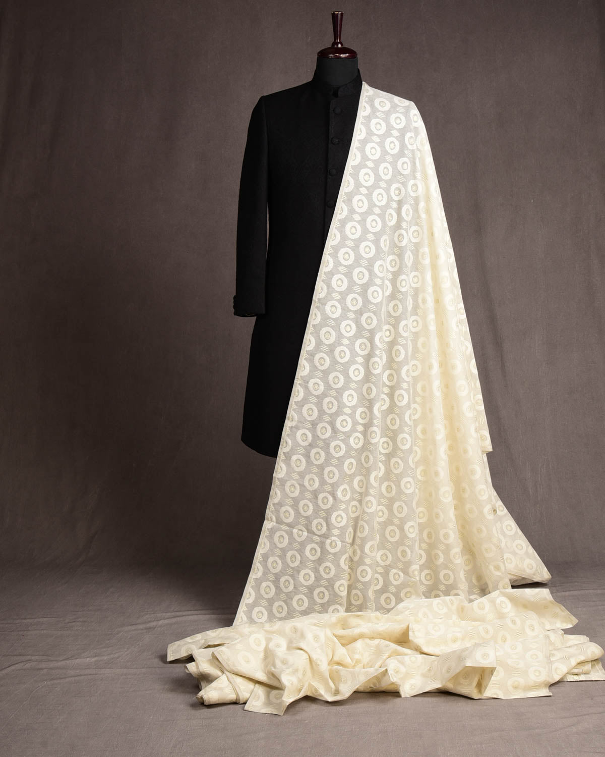 Ivory White Silver Zari Contemporary Cutwork Brocade Woven Cotton Silk Banarasi Fabric-HolyWeaves