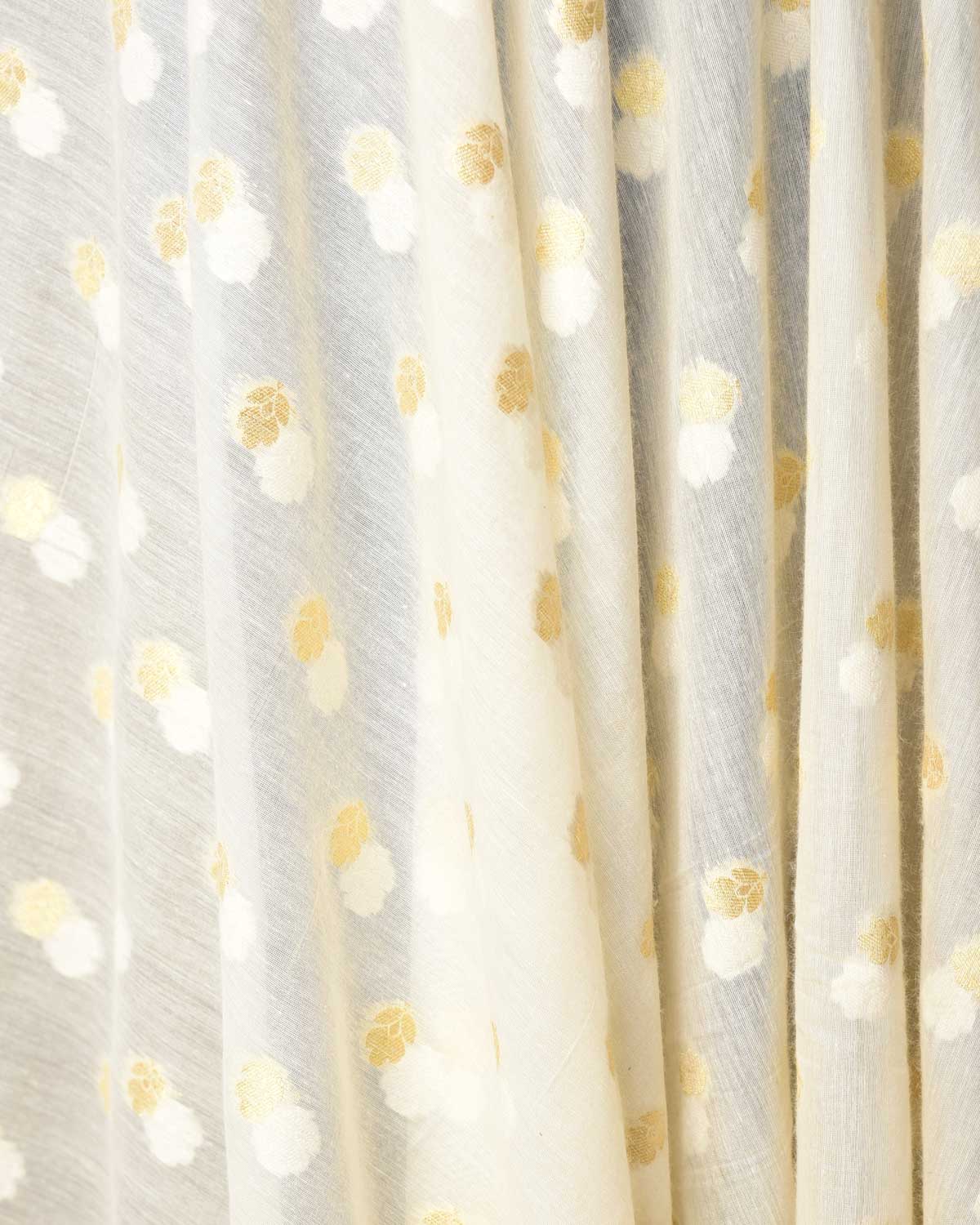 Ivory White Gold Zari Buti Cutwork Brocade Woven Cotton Silk Banarasi Fabric-HolyWeaves