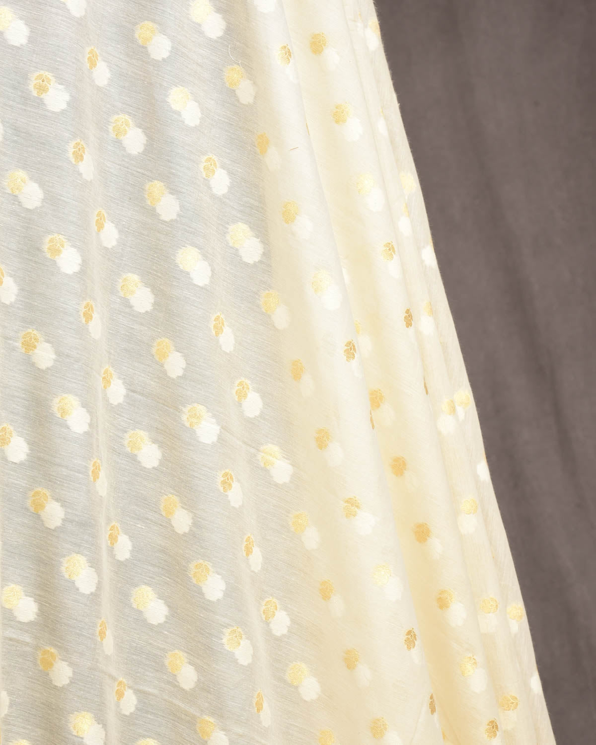 Ivory White Gold Zari Buti Cutwork Brocade Woven Cotton Silk Banarasi Fabric-HolyWeaves