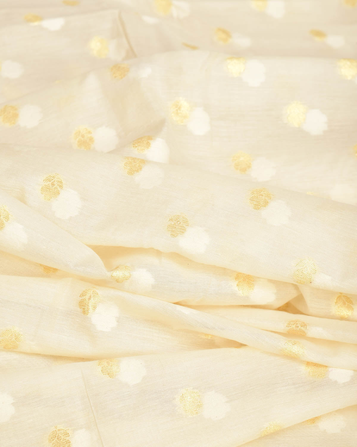 Ivory White Gold Zari Buti Cutwork Brocade Woven Cotton Silk Banarasi Fabric-HolyWeaves