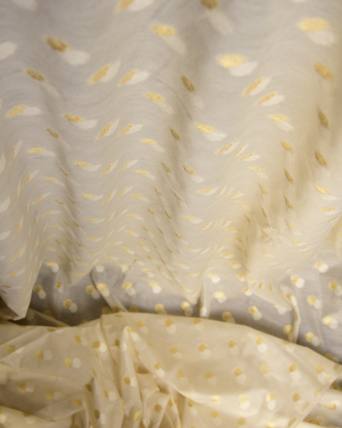 Ivory White Gold Zari Buti Cutwork Brocade Woven Cotton Silk Banarasi Fabric-HolyWeaves