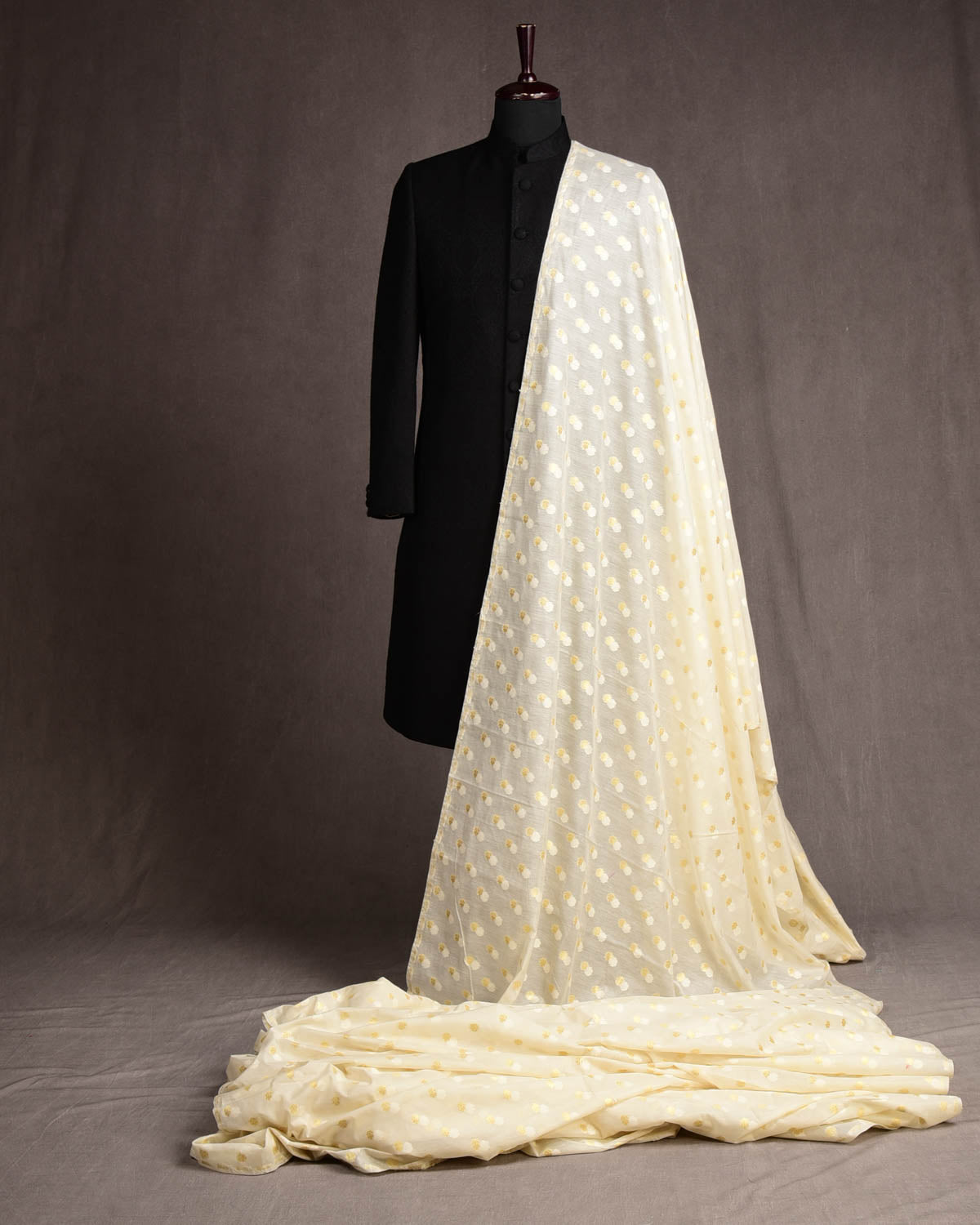 Ivory White Gold Zari Buti Cutwork Brocade Woven Cotton Silk Banarasi Fabric-HolyWeaves