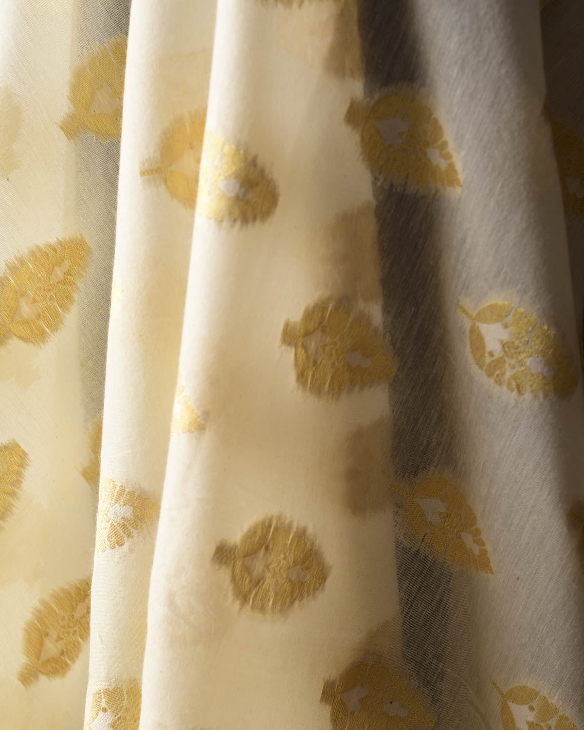 Ivory White Gold Zari Leaf Buti Cutwork Brocade Woven Cotton Silk Banarasi Fabric-HolyWeaves