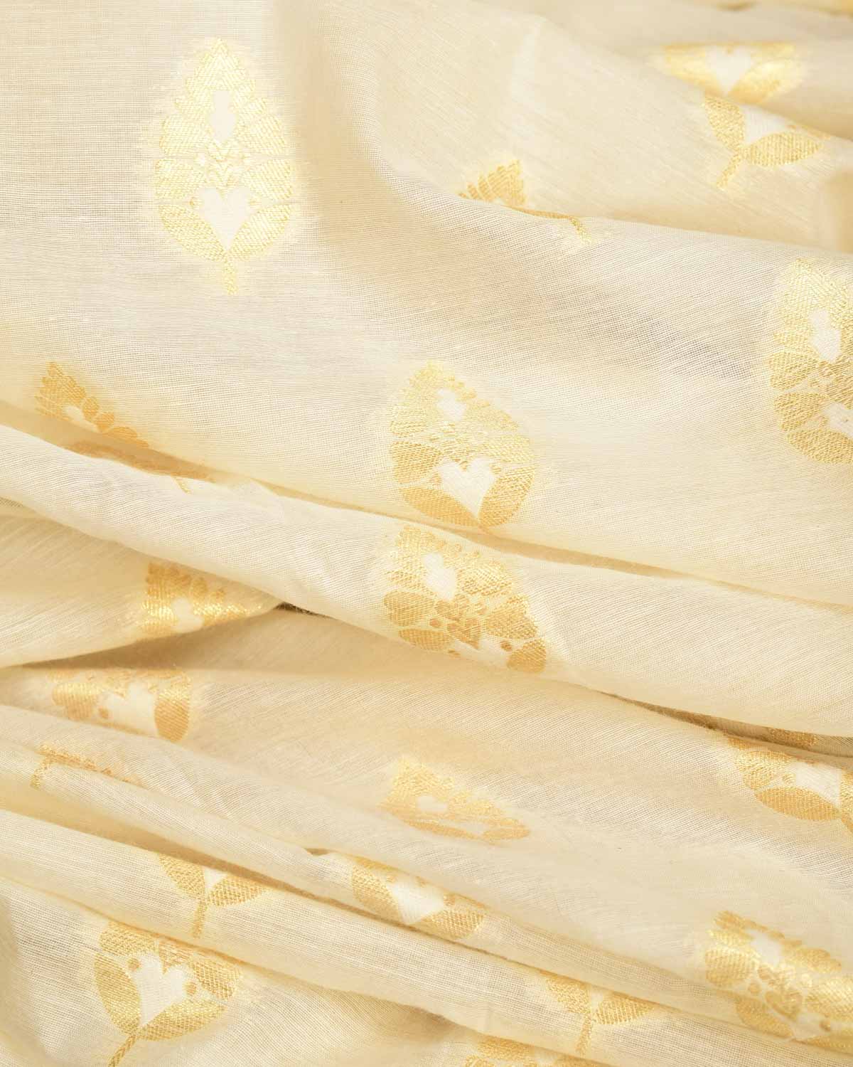 Ivory White Gold Zari Leaf Buti Cutwork Brocade Woven Cotton Silk Banarasi Fabric-HolyWeaves