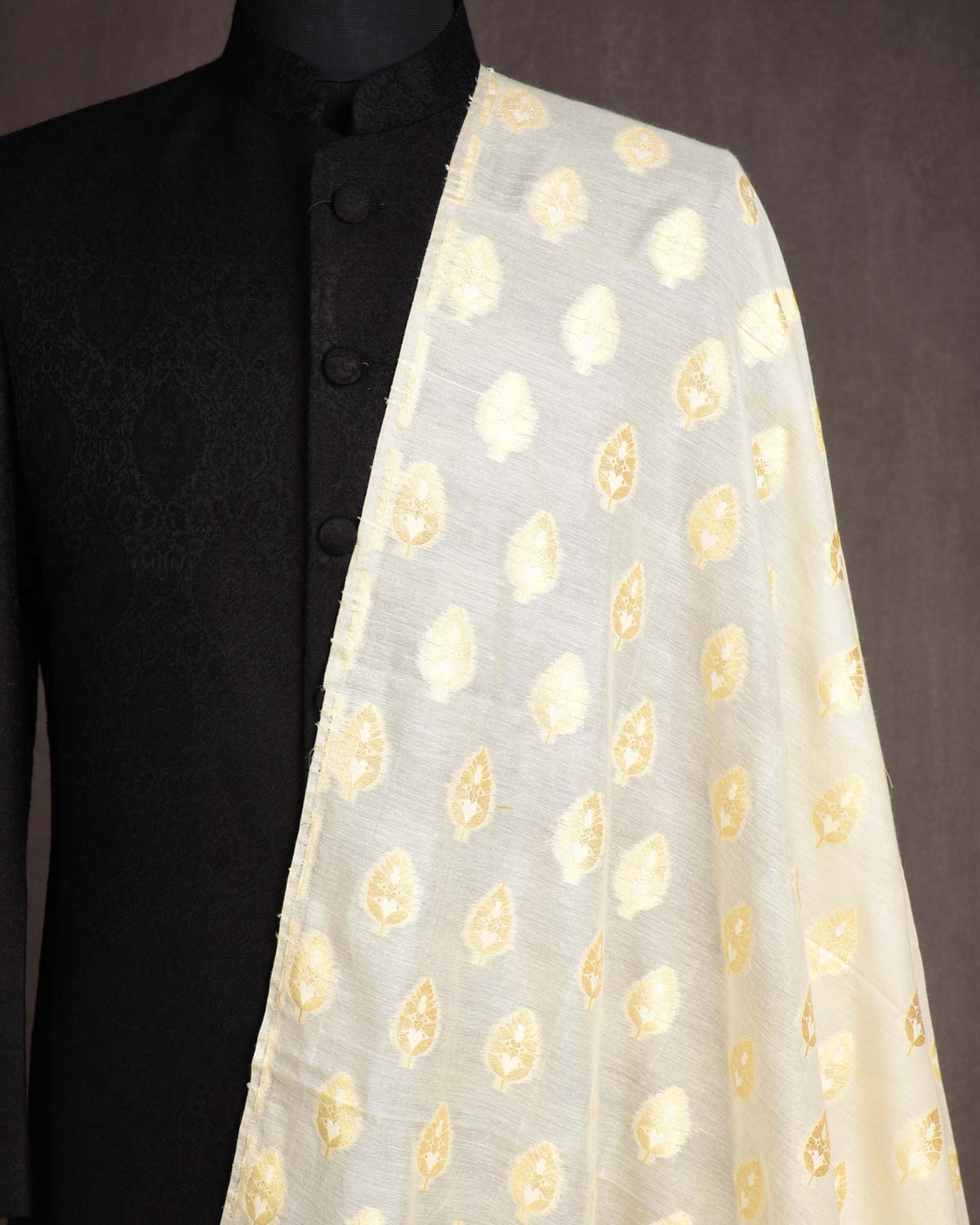 Ivory White Gold Zari Leaf Buti Cutwork Brocade Woven Cotton Silk Banarasi Fabric-HolyWeaves